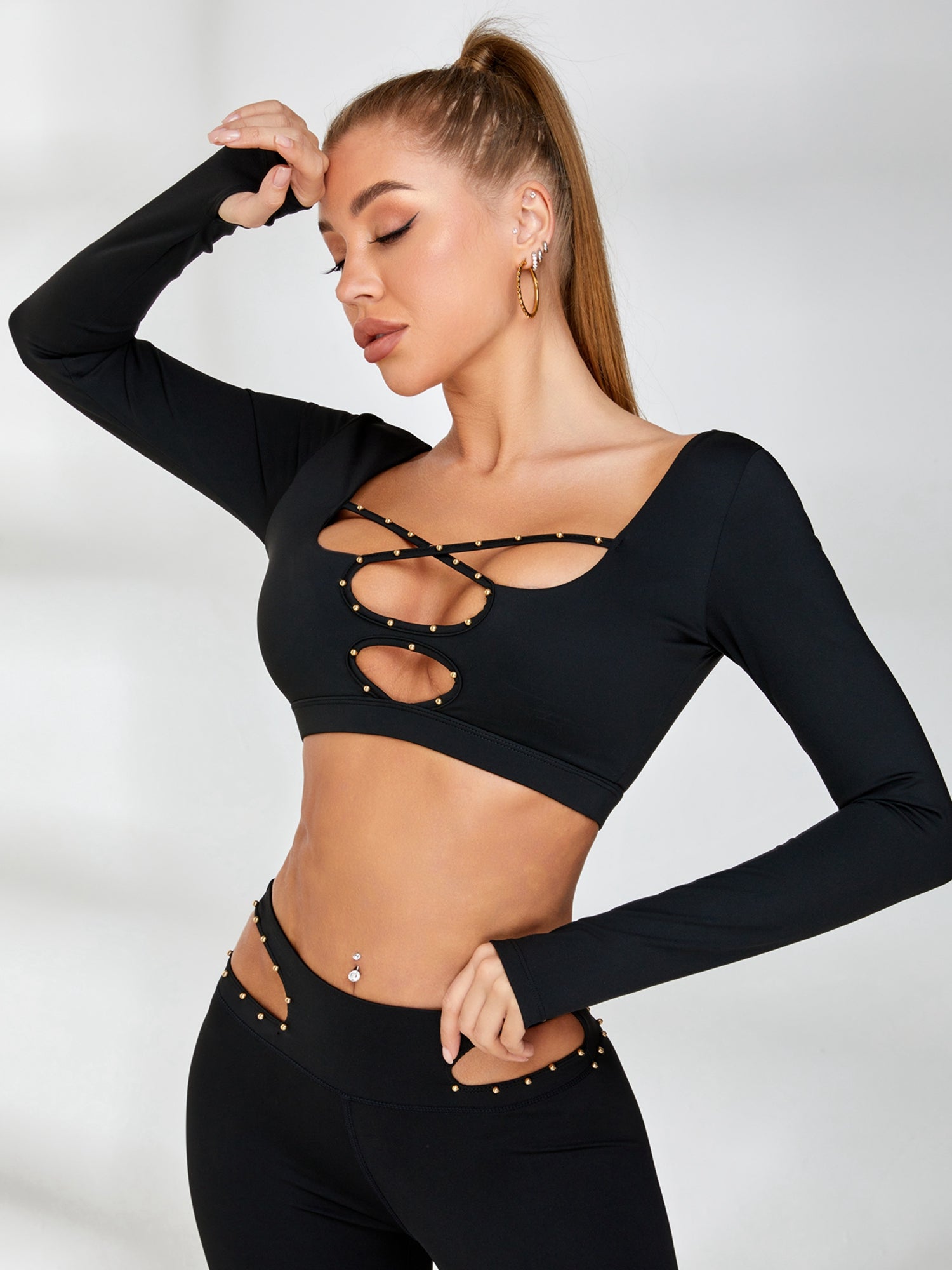 ZASUWA Women's Fashion Long Sleeve Backless Top with Rivet Cross Cutout Design - Perfect for Night Out, Party, and Date Night Outfits
