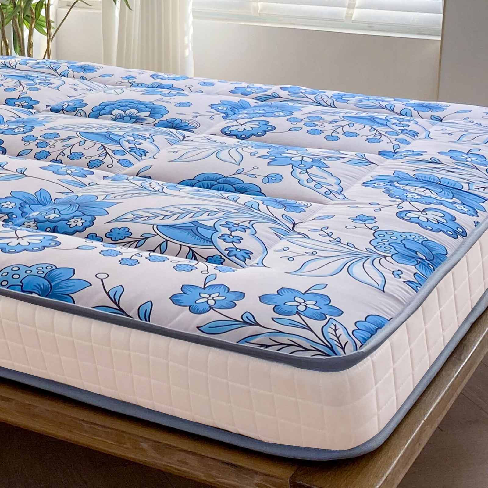 MAXYOYO 4 Extra Thick Japanese Futon Bed - Premium Floor Mattress with Blue Floral Design for Home & Guest Room | Comfortable Sleeping Solution for Small Spaces & Minimalist Living