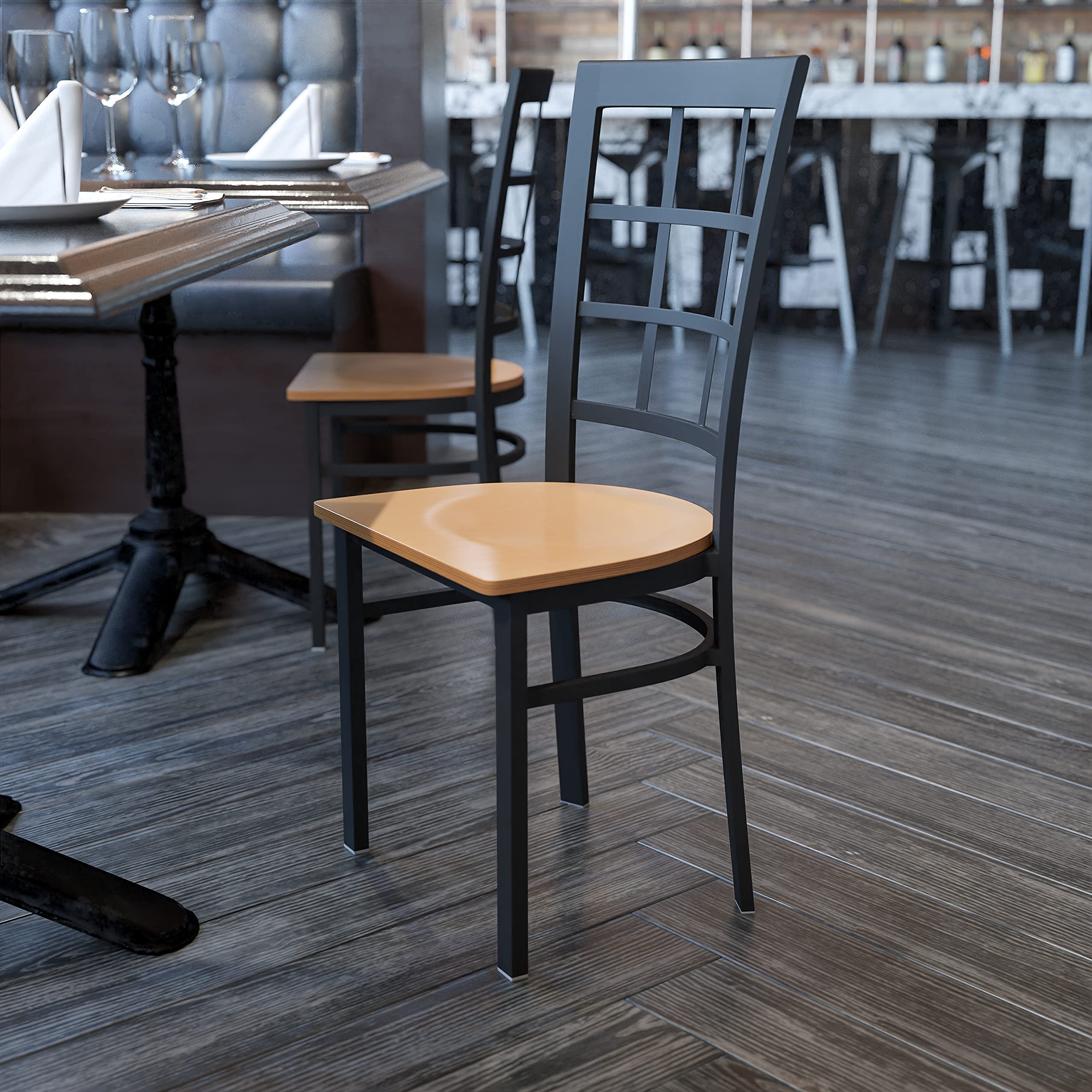 Black Metal Restaurant Chair with Natural Wood Seat - Durable & Stylish for Cafes, Diners, and Home Dining Rooms