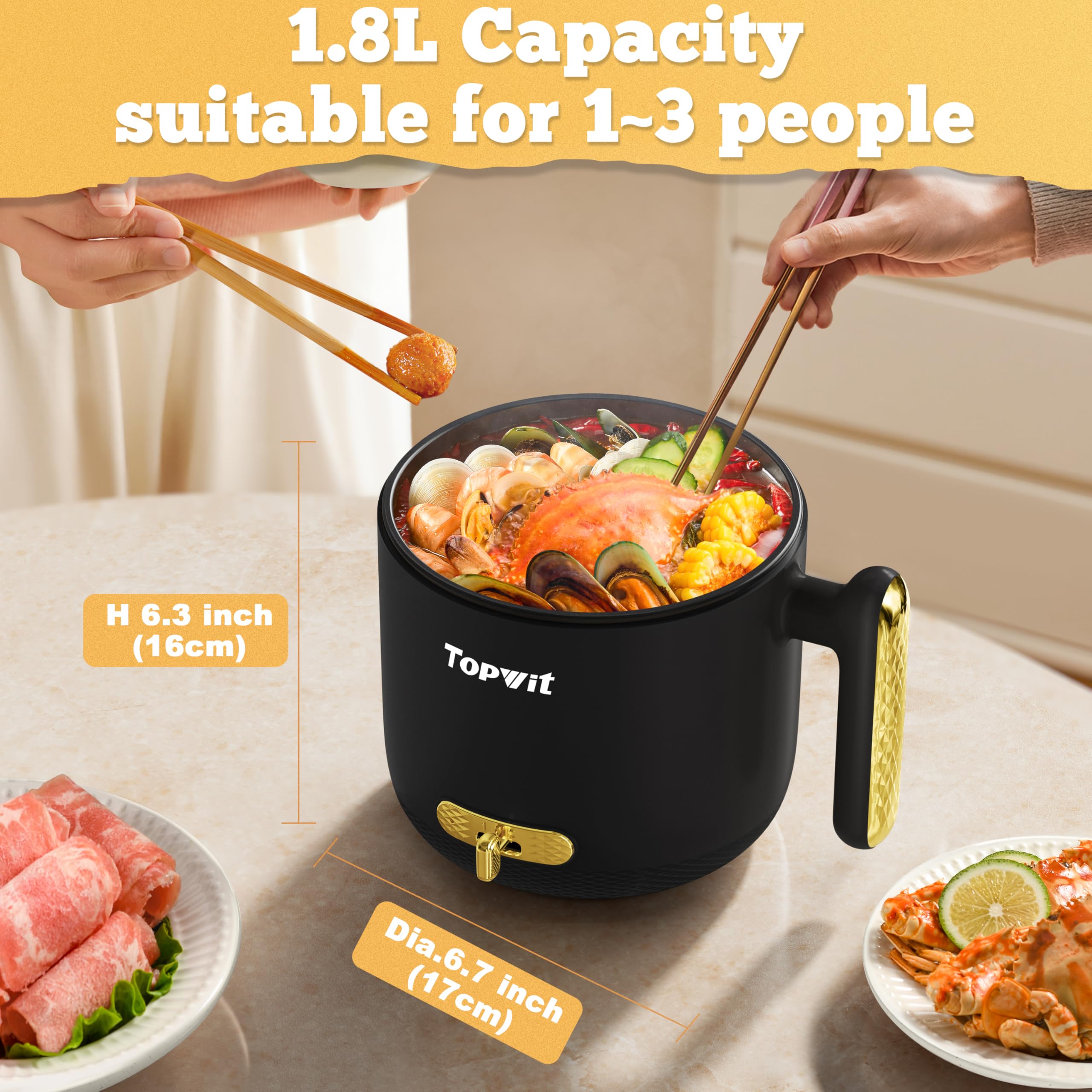 Topwit 1.8L Electric Hot Pot with Adjustable Temperature - Fast Cooking for Ramen, Soup, Noodles, Steak & Eggs | Portable Mini Rice Cooker for Dorms, Office & Travel | Perfect for College Students, Camping & Small Kitchens