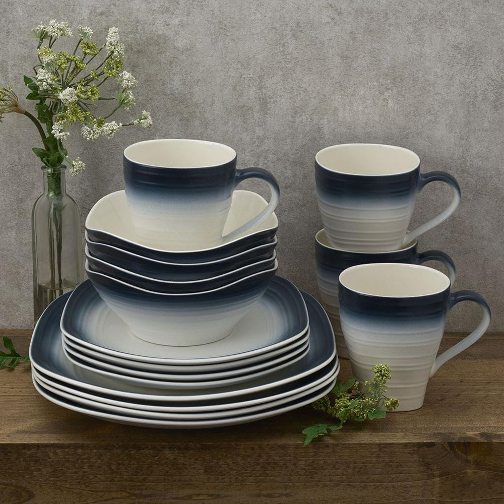 Swirl Ombre Blue Square 16-Piece Dinnerware Set - Service for 4 - Elegant Tableware for Modern Dining, Dinner Parties & Home Decor