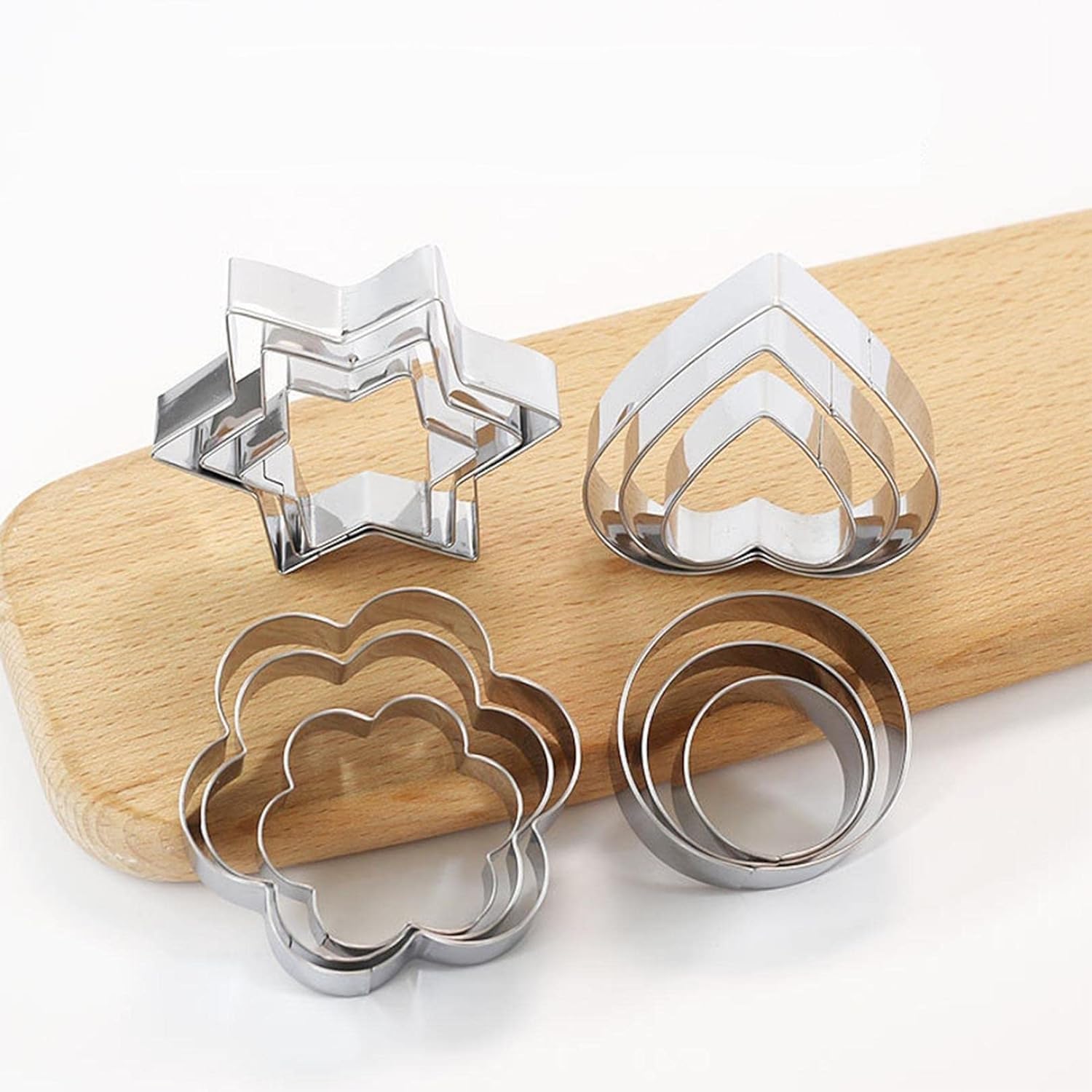 InfiSoul 12-Piece Stainless Steel Cookie Cutter Set - 4 Shapes, 3 Sizes with Embossing Mold for Baking, Cooking, Bread & Sandwich Making - Perfect for Kids, Home Kitchen & Holiday Cookie Decorating