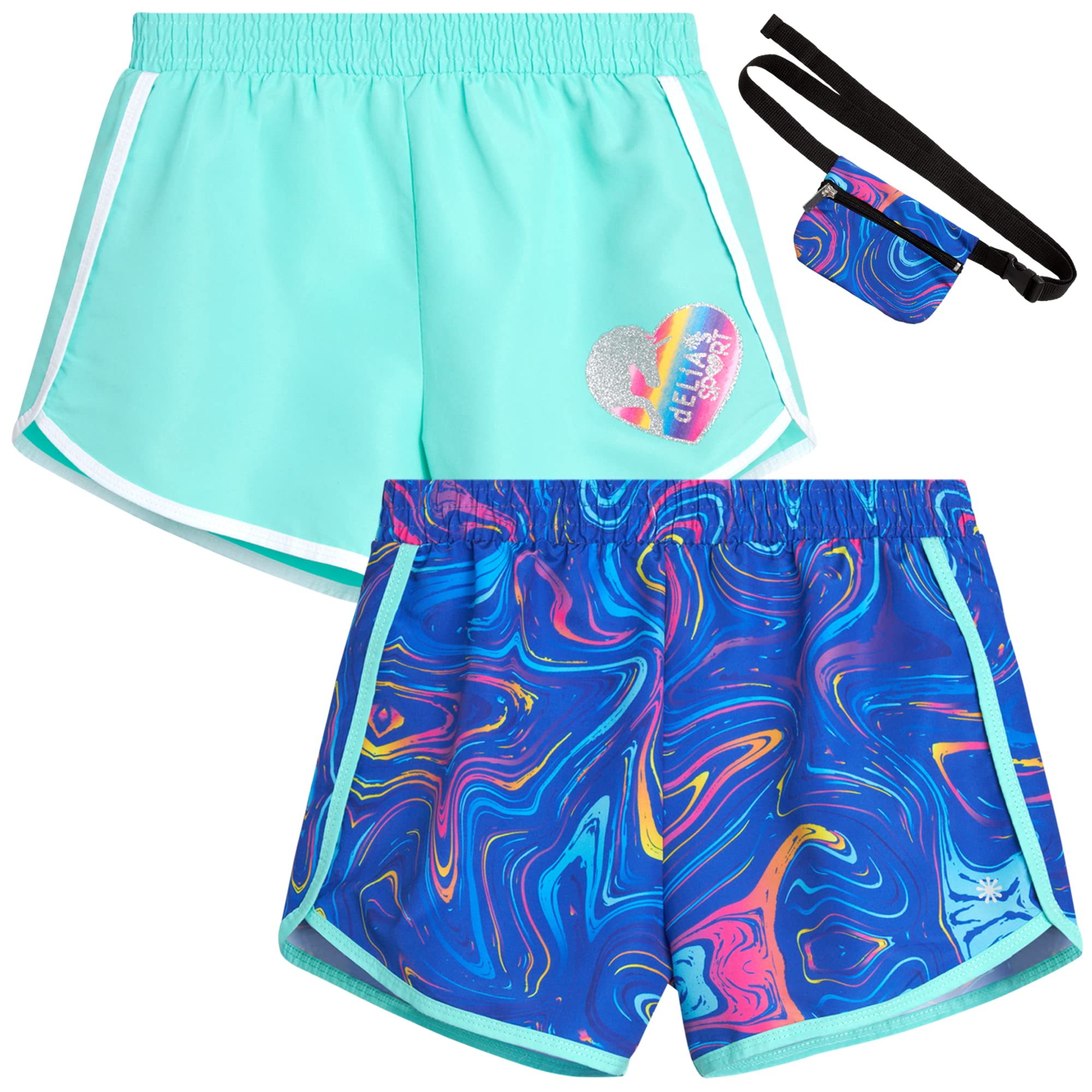 dELiA*s Girls' Active Shorts 2-Pack - Athletic Gym Running Shorts with Built-in Fanny Pack for Teens (Sizes 7-16) - Perfect for Sports, Workouts & Casual Wear