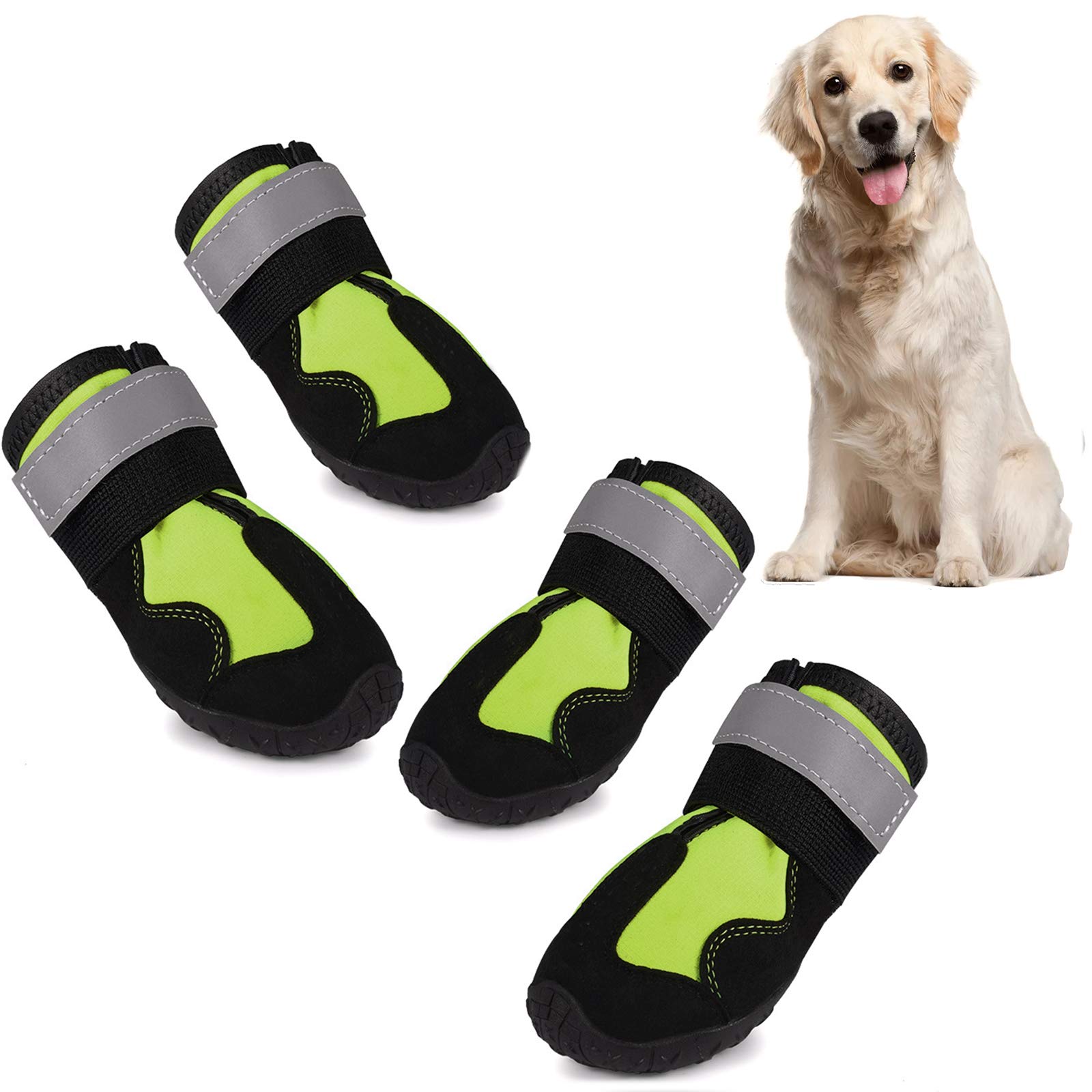 Waterproof Non-Slip Dog Boots for Medium & Large Dogs - 4 Pack Protective Paw Shoes with Adjustable Straps & Reflective Design | Ideal for Hiking, Snow, Hot Pavement & Outdoor Adventures