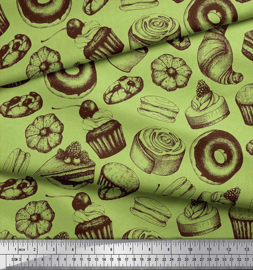 Soimoi 100% Cotton Cambric Fabric - 56 Inch Wide Green Cupcake Donut Cookies Print by The Yard - Whimsical Food Pattern Fabric for Sewing, Quilting, DIY Crafts & Home Decor Projects
