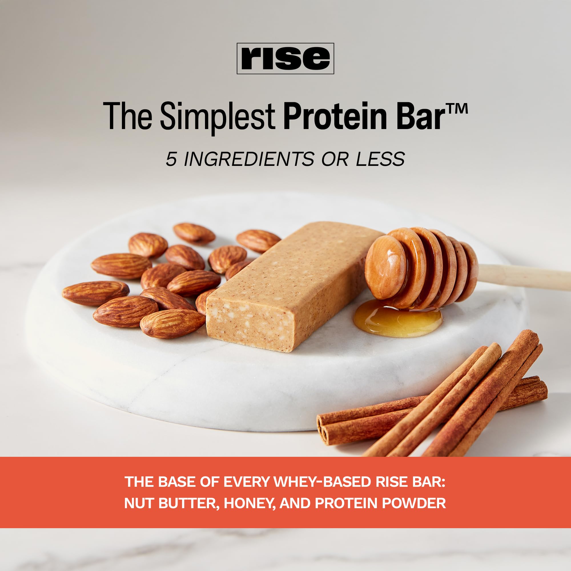 Rise Whey Protein Bars - Honey Cinnamon Flavor | High Protein Snack Bar with 18g Protein & 4g Fiber | 5 Whole Food Ingredients | Gluten-Free, Soy-Free | Perfect for Breakfast, Post-Workout & On-the-Go Energy
