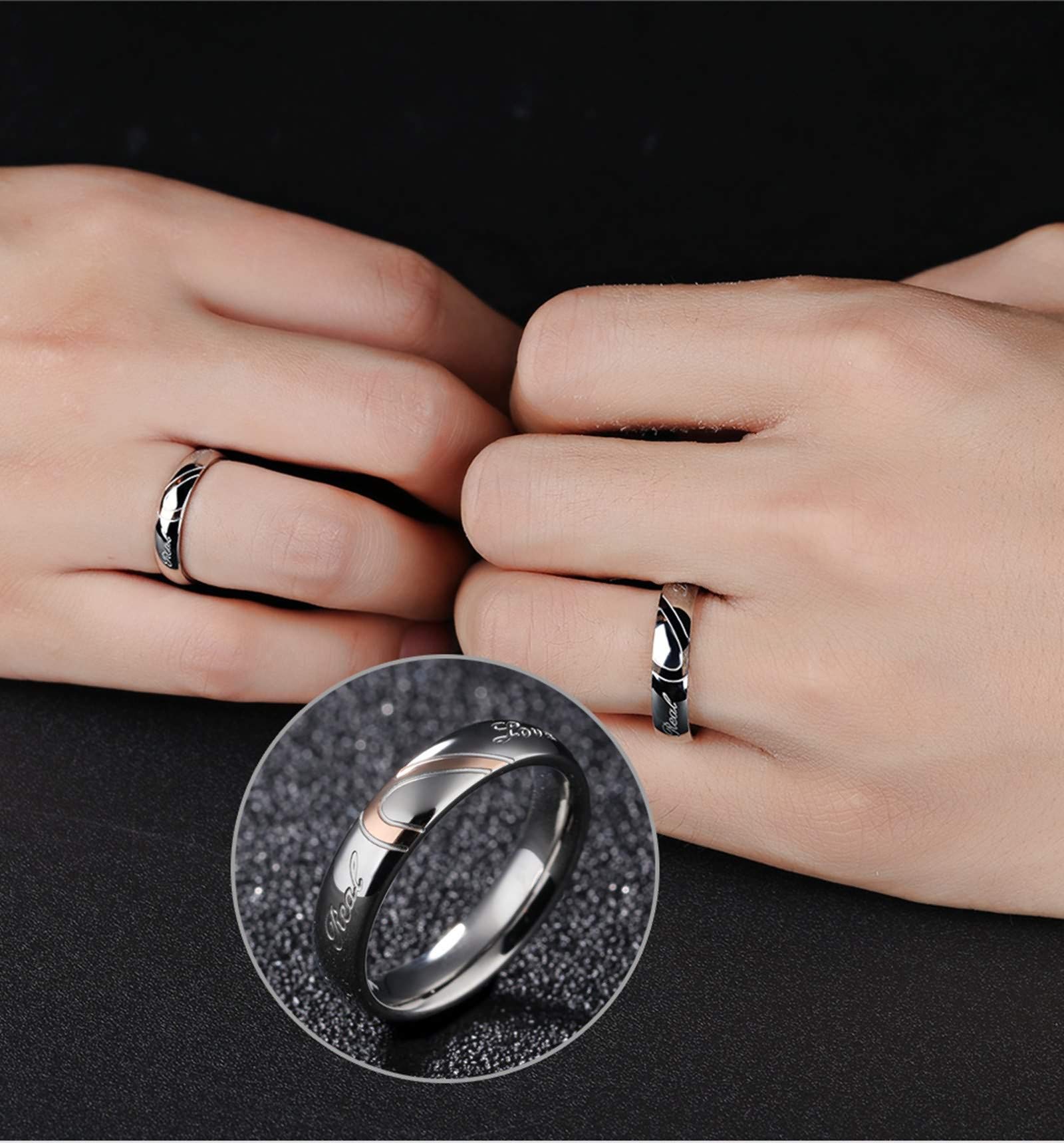 KnSam Couple Rings - Stainless Steel Half Heart Shape with Black Rose Gold Finish - Matching Promise Rings for Couples - Perfect for Anniversaries, Engagements & Romantic Gifts