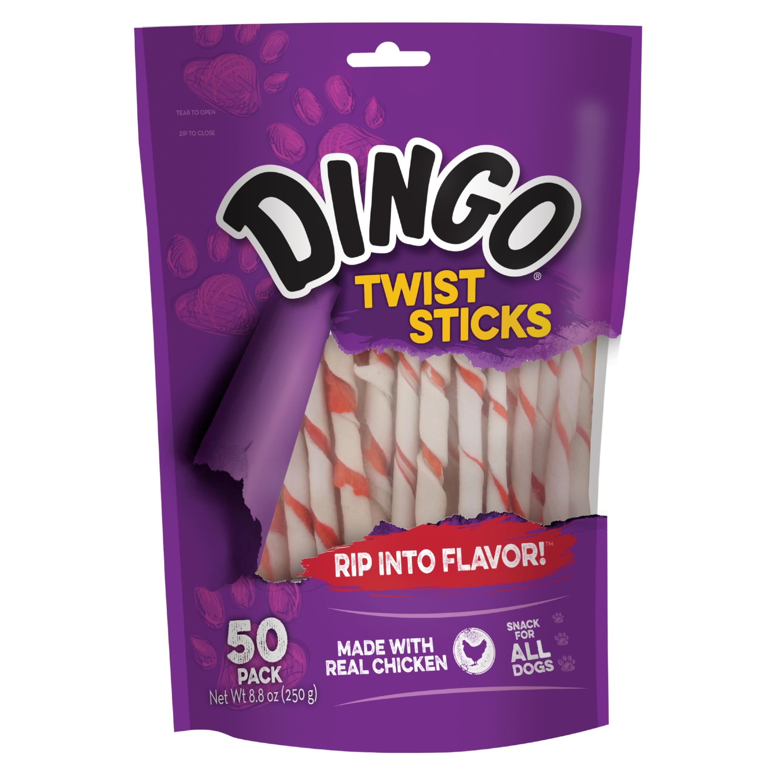 Premium Dingo Twist Sticks Dog Treats - 100% Natural Rawhide Chews with Real Chicken (50 Count) - Healthy Dental Care & Training Rewards for Small & Large Dogs