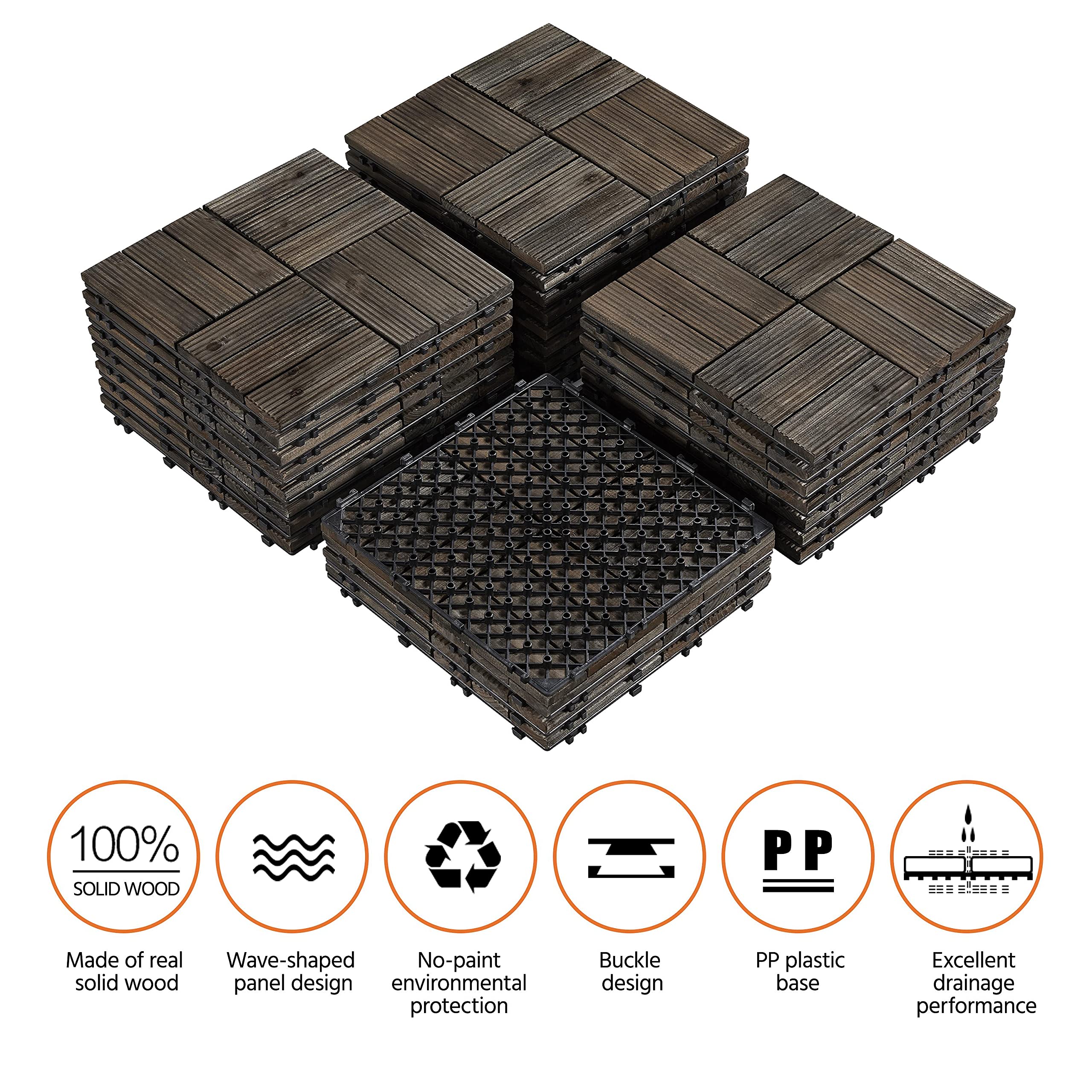 Yaheetech 27 Pack 12 x 12 Inch Interlocking Patio Tiles - Solid Wood Decking Tiles for Balcony, Garden, Poolside, Front & Back Yard - Outdoor Flooring Solution for DIY Decks, Porches & Terraces (Black)