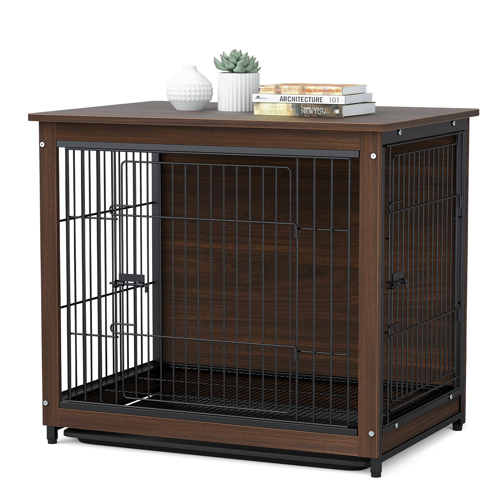 BingoPaw Wooden Dog Crate Furniture - Indoor Pet End Table Kennel with Double Doors & Removable Tray for Small, Medium, Large Dogs | Stylish Puppy House for Living Room, Bedroom & Office Decor