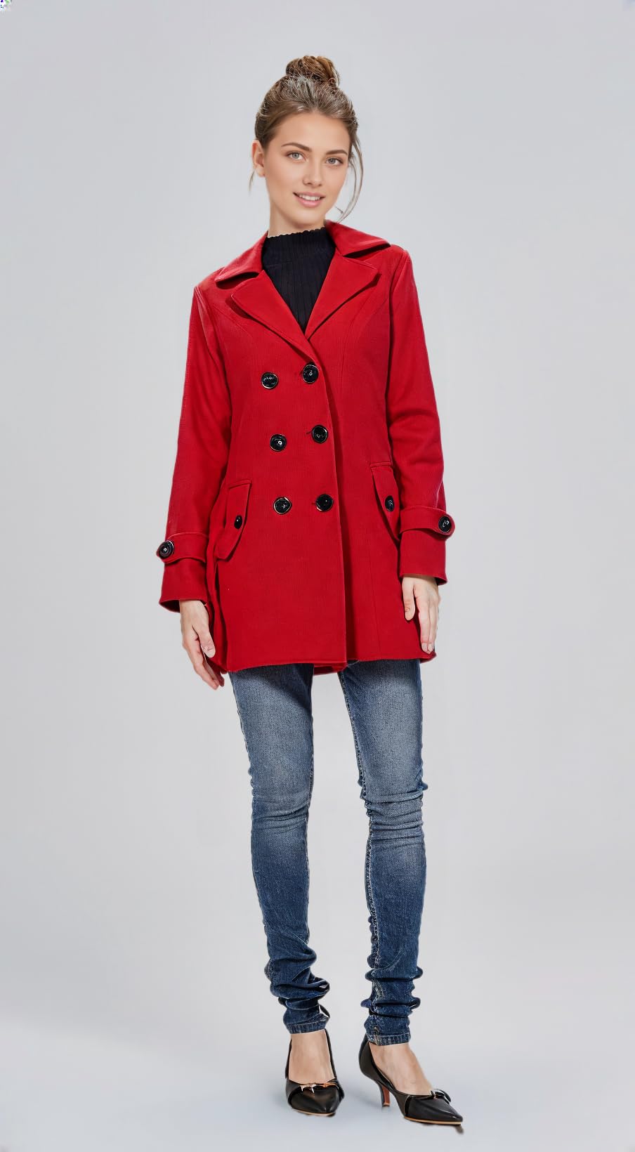 VearFit Women's Wool Blend Trench Coat - Long Pea Coat in Red & Black | Winter Fashion Outerwear for Work, Dating & Formal Occasions