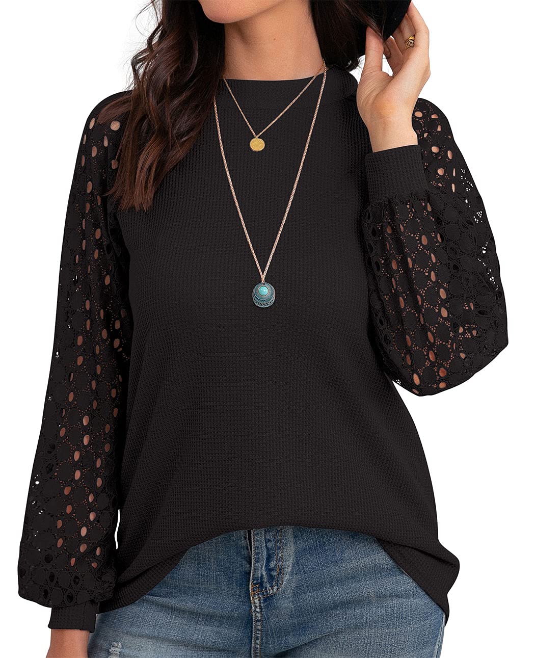 IWOLLENCE Women's Waffle Knit Blouse Puff Long Sleeve Lace Tops Casual Loose T-Shirts for Work, Date Night & Spring Outfits | Comfortable & Stylish Women's Fashion Top