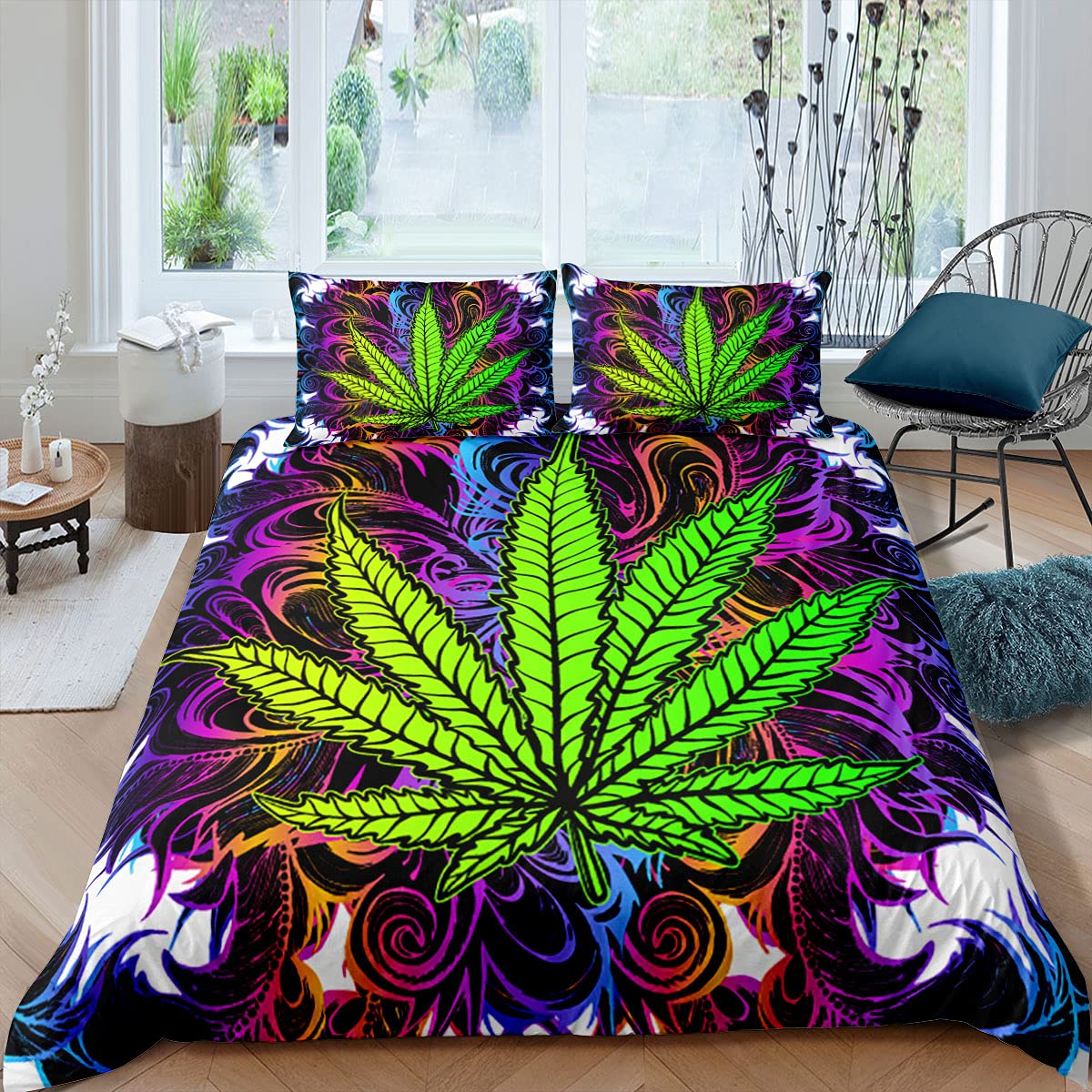 Premium Hemp Weed Leaf Duvet Cover Set - King Size Soft & Breathable Bedding - Vibrant Green Botanical Print - Eco-Friendly Quilt Cover for Bohemian & Nature-Inspired Bedroom Decor (Perfect for Hippie, Cannabis, or Plant-Themed Room Designs)