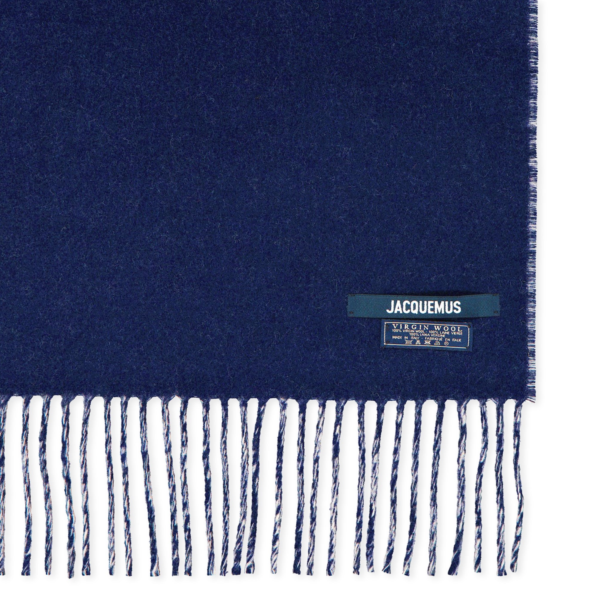 Jacquemus L'echarpe Fringe Logo Navy Scarf - Stylish Designer Scarf for Women & Men - Perfect for Winter Fashion, Outfit Accessories & Gift Giving