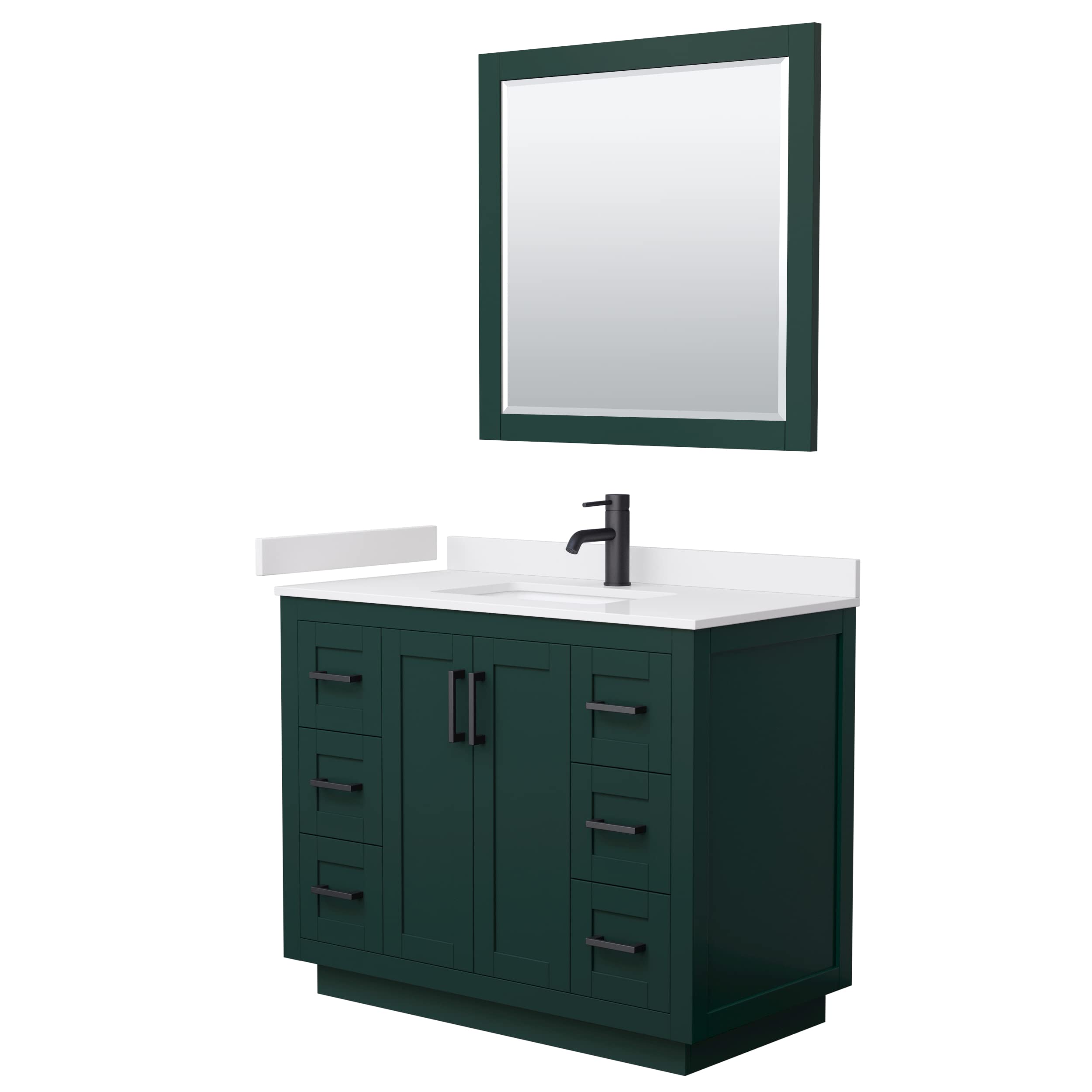 Wyndham Collection Miranda 42 Inch Single Bathroom Vanity with White Cultured Marble Countertop & Undermount Sink - Matte Black Trim & 34 Inch Mirror - Modern Green Vanity for Small Bathroom, Apartment, or Guest Bathroom Upgrade
