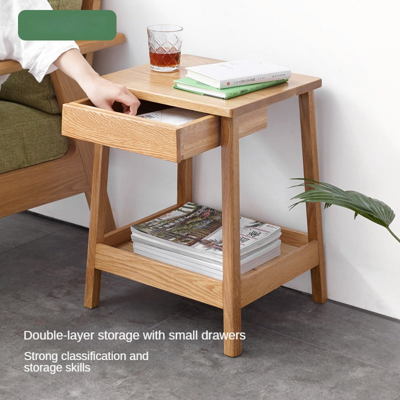 Solid Oak Wood Side Table with Double Layer Shelf - Perfect for Living Room, Bedroom, or Office Decor