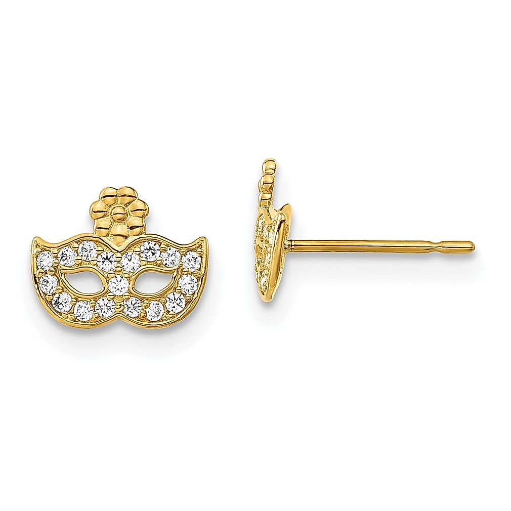 14K Yellow Gold Cubic Zirconia Masquerade Mask Stud Earrings for Women - Elegant Ball Button Design, Perfect for Parties, Costume Events & Gifts for Her