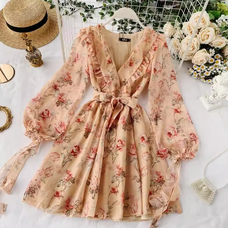 French Elegant Puff Sleeve V-Neck Floral Print Dress 1156 - Perfect for Weddings, Parties & Summer Vacations