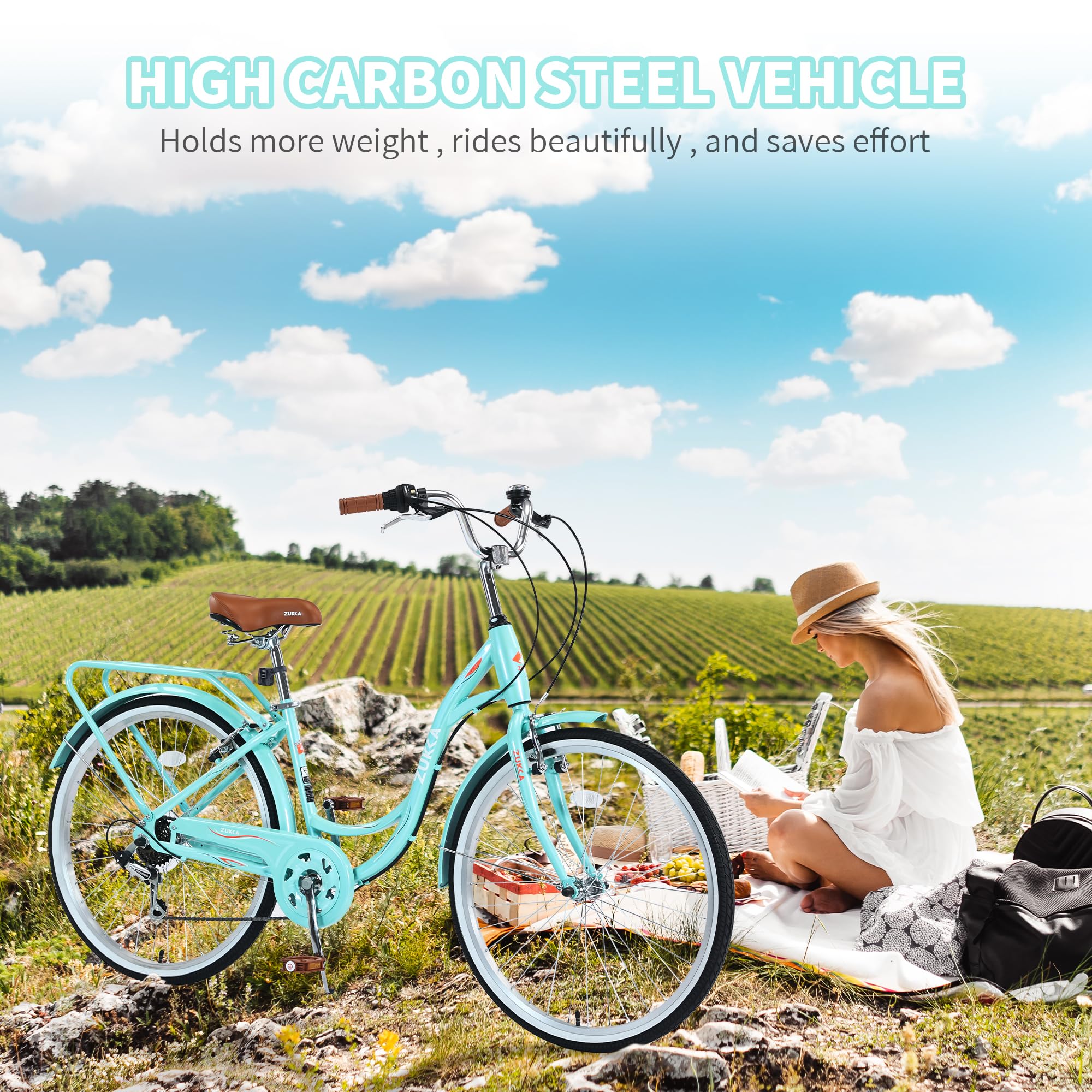 26 Inch Women's Beach Cruiser Bike - 7 Speed Commuter Bicycle with Adjustable Seat & Dual V-Brakes | Perfect for Coastal Rides, City Commuting & Leisure Cycling