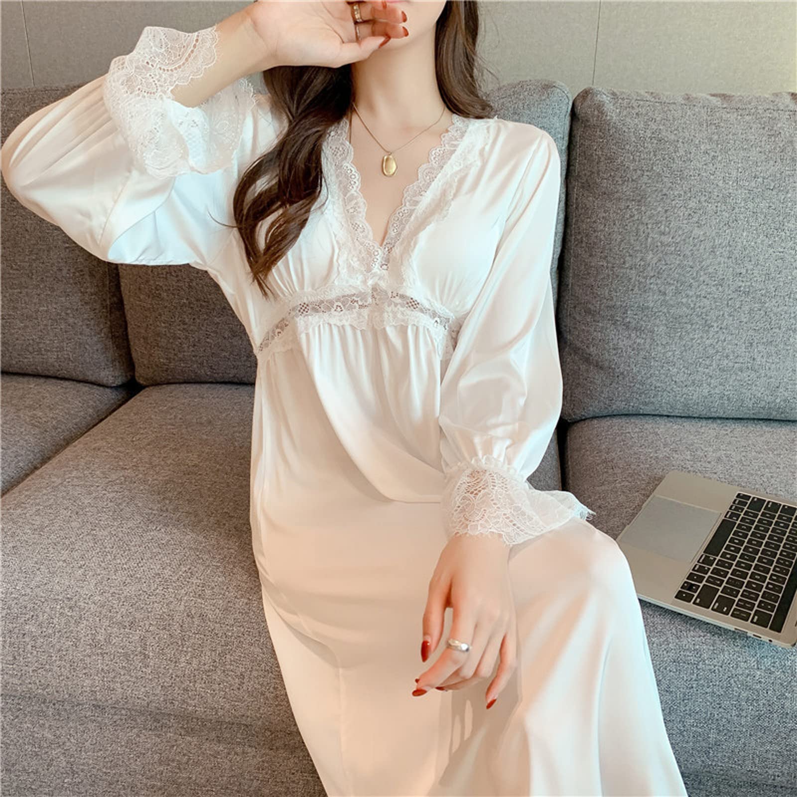 ASHER FASHION Women's Victorian Lace Nightgown - Elegant Long Sleeve V-Neck Sleepwear with Bowknot Detail & Removable Breast Pads | Perfect for Bridal Loungewear, Honeymoon Nights & Romantic Getaways