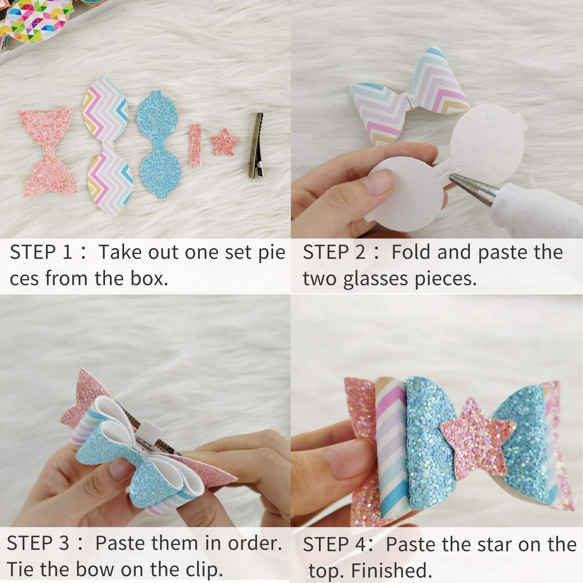 AOUXSEEM DIY Faux Leather Hair Bows Kit - 20 Pre-Cut Pieces with Hair Clips for Girls, Women & Ladies - Medium Rainbow Style Fashion Accessories for Parties, Weddings & Daily Wear