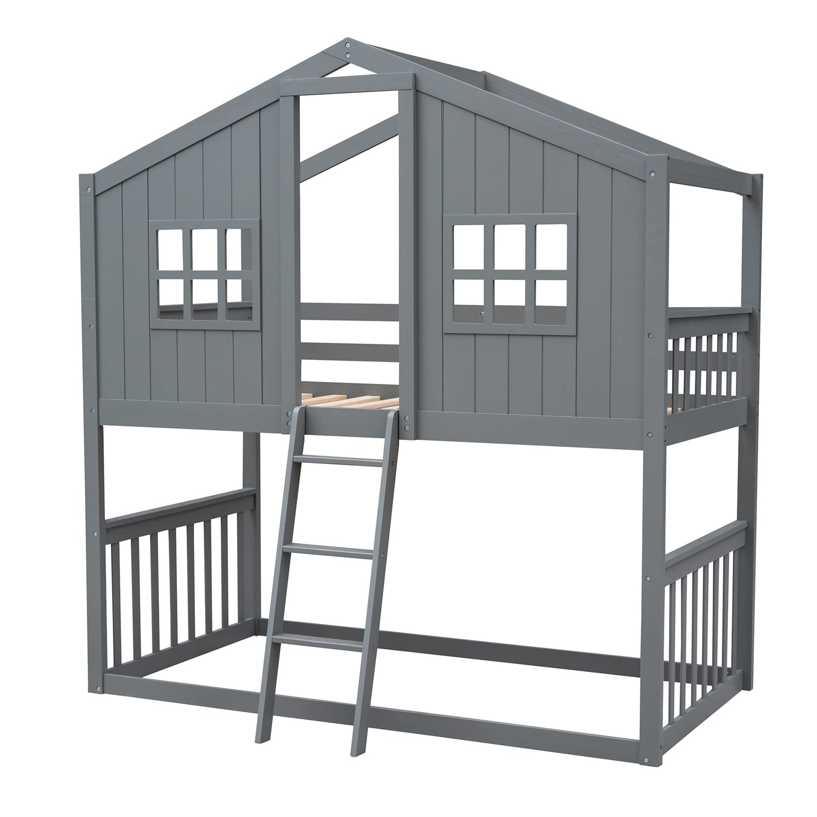 Bellemave Twin Over Twin Low Bunk Beds - Wooden Playhouse Loft Bed Frame for Kids, Boys, Girls & Teens - Space-Saving Gray Bunk Bed for Small Rooms, Shared Kids Bedroom & Sleepovers
