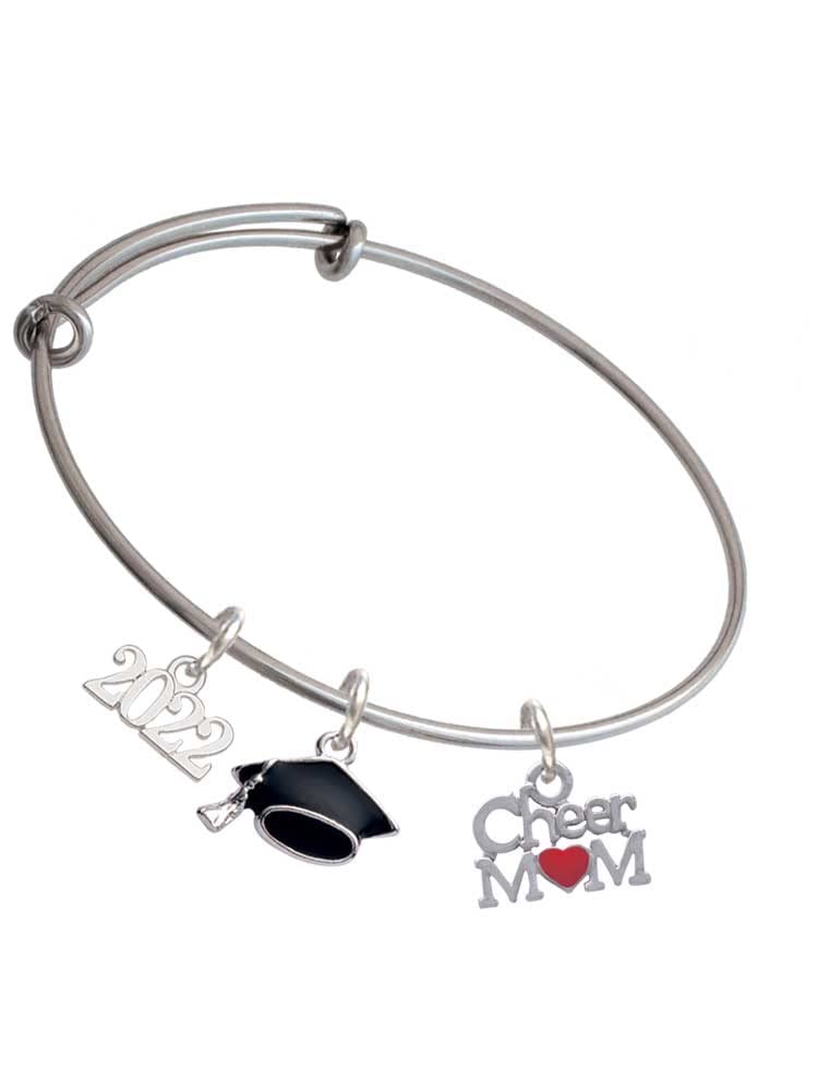 Delight Jewelry Silver Tone Cheer Mom Heart Graduation Charm Bangle Bracelet - Perfect Gift for Mother's Day, Graduation & Special Occasions