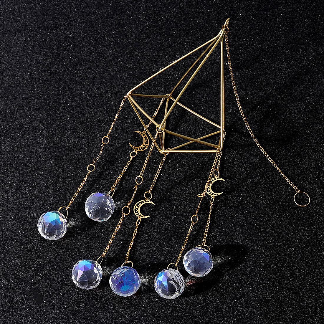 Gold Crystal Suncatcher - Rainbow Maker Window Decor with AB Coated Moon & Prism Balls | Light Catcher Hanging Ornament for Home, Garden, Wedding & Gift Giving