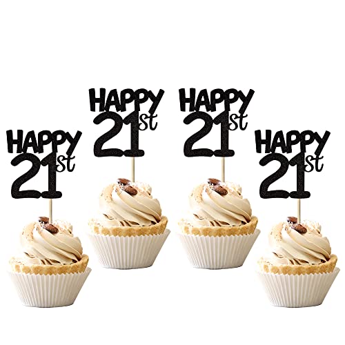 24 PCS Glitter 21st Birthday Cupcake Toppers - Happy Twenty One Cheers to 21 Years Old - Number 21 Cake Decorations for 21st Birthday Party, Wedding Anniversary, Graduation Celebration (Black) - Perfect for DIY Cake Decorating and Special Occasion Dessert Displays
