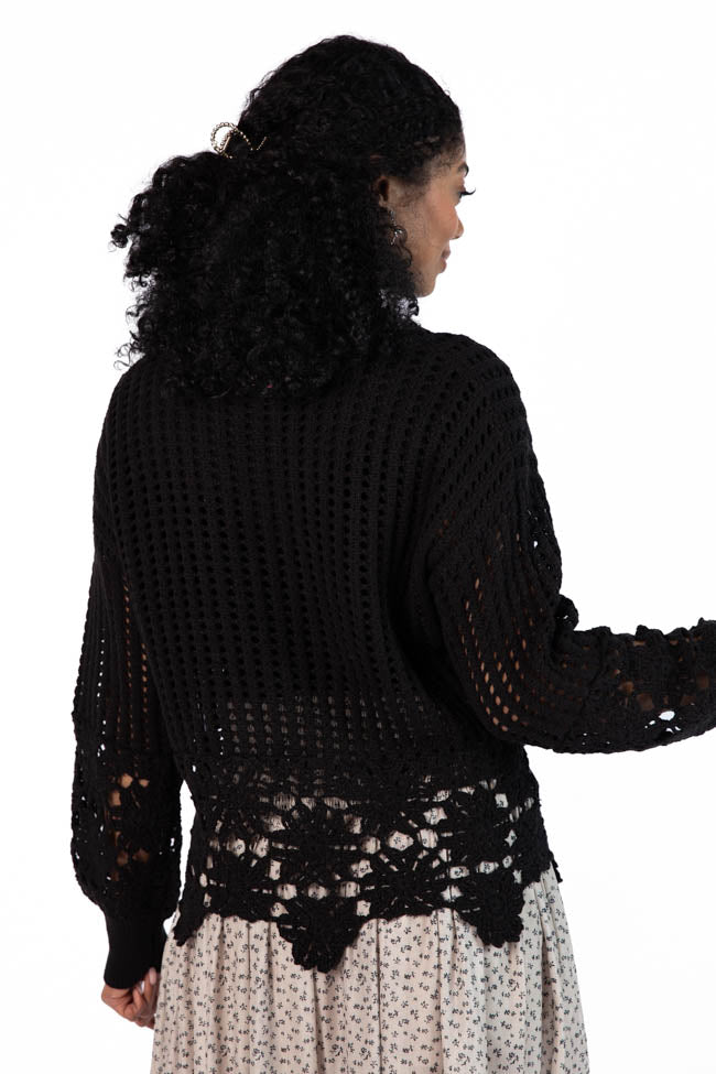 Stylish Black Floral Crochet Sweater for Women - Boho Chic Lace Trim Knit Top for Casual Outings & Date Nights