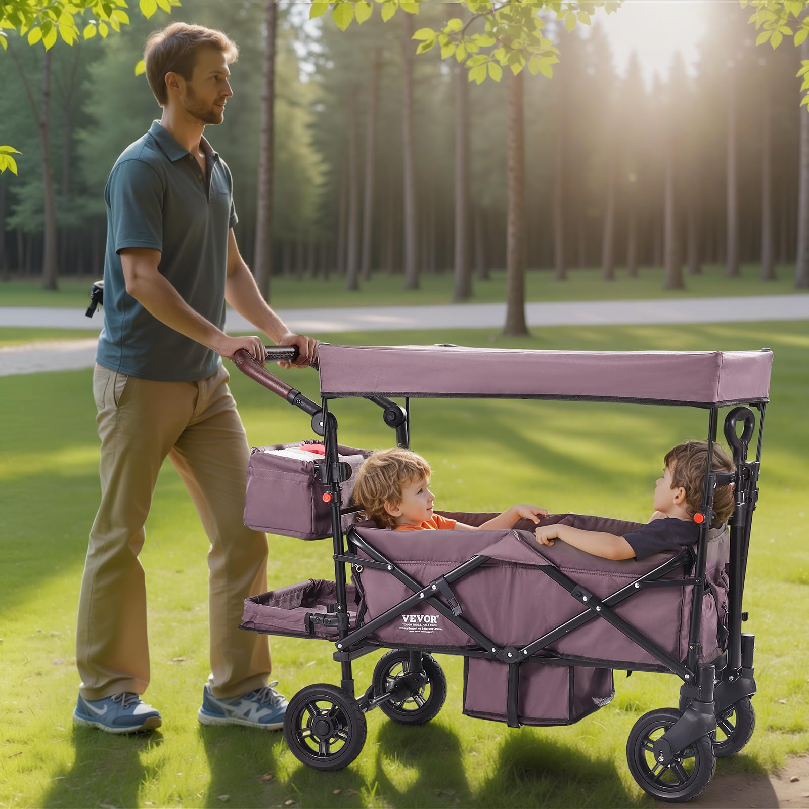VEVOR Double Stroller for 2 Kids - Foldable 4-Wheel Wagon with Adjustable Handle, Safety Harness & Removable Canopy - Perfect for Camping, Beach Outings & Family Walks (Dark Purple)