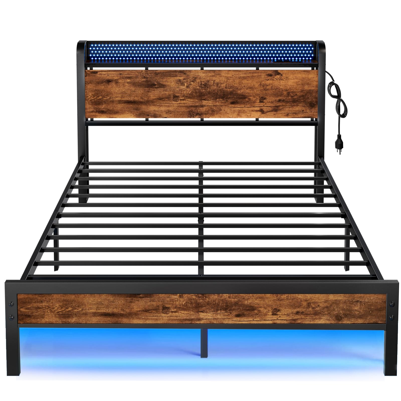 Furnulem Full Bed Frame with LED Lights - Industrial Storage Headboard with USB Charging Station, Under Bed Storage Space, Sturdy Wood Platform & Metal Support (No Box Spring Needed, Silent) - Perfect for Modern Bedrooms, Dorm Rooms & Small Apartments
