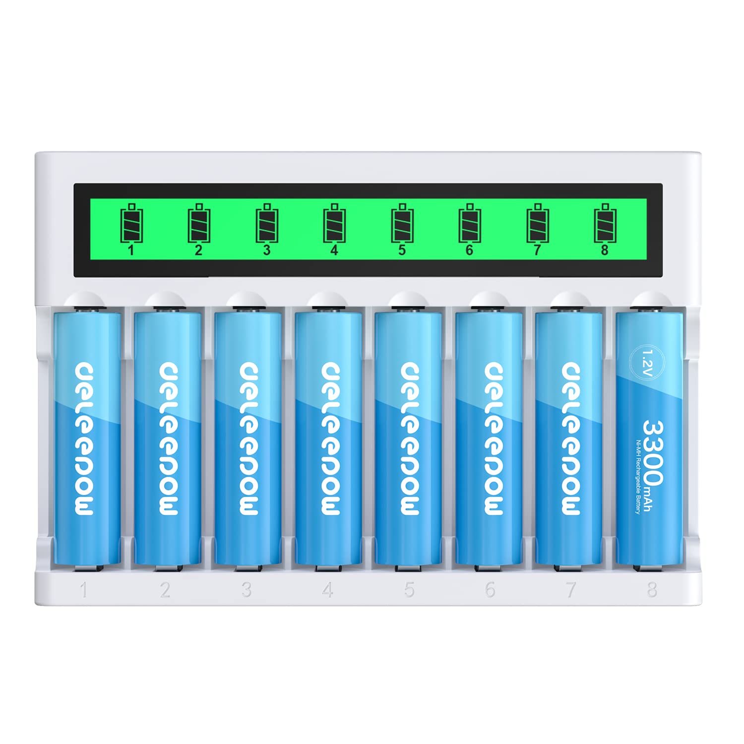 Deleepow 3300mAh AA Rechargeable Batteries - 8 Pack NiMH Battery with LCD Charger, USB-C & Micro USB Ports (1200 Cycles, 1.2V) - Perfect for Cameras, Game Controllers & Smart Home Devices