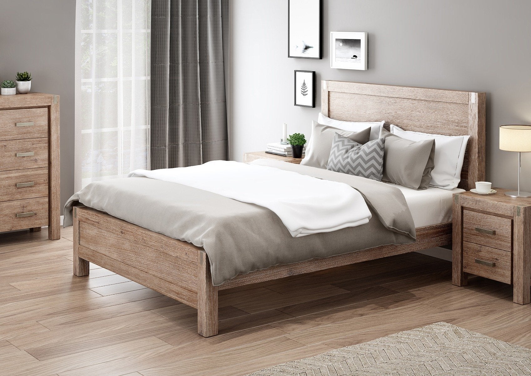 Luxe Nowra King Size Solid Wood Veneered Acacia Bed Frame with Oak Finish - Elegant Bedroom Furniture for Master Suite & Guest Room