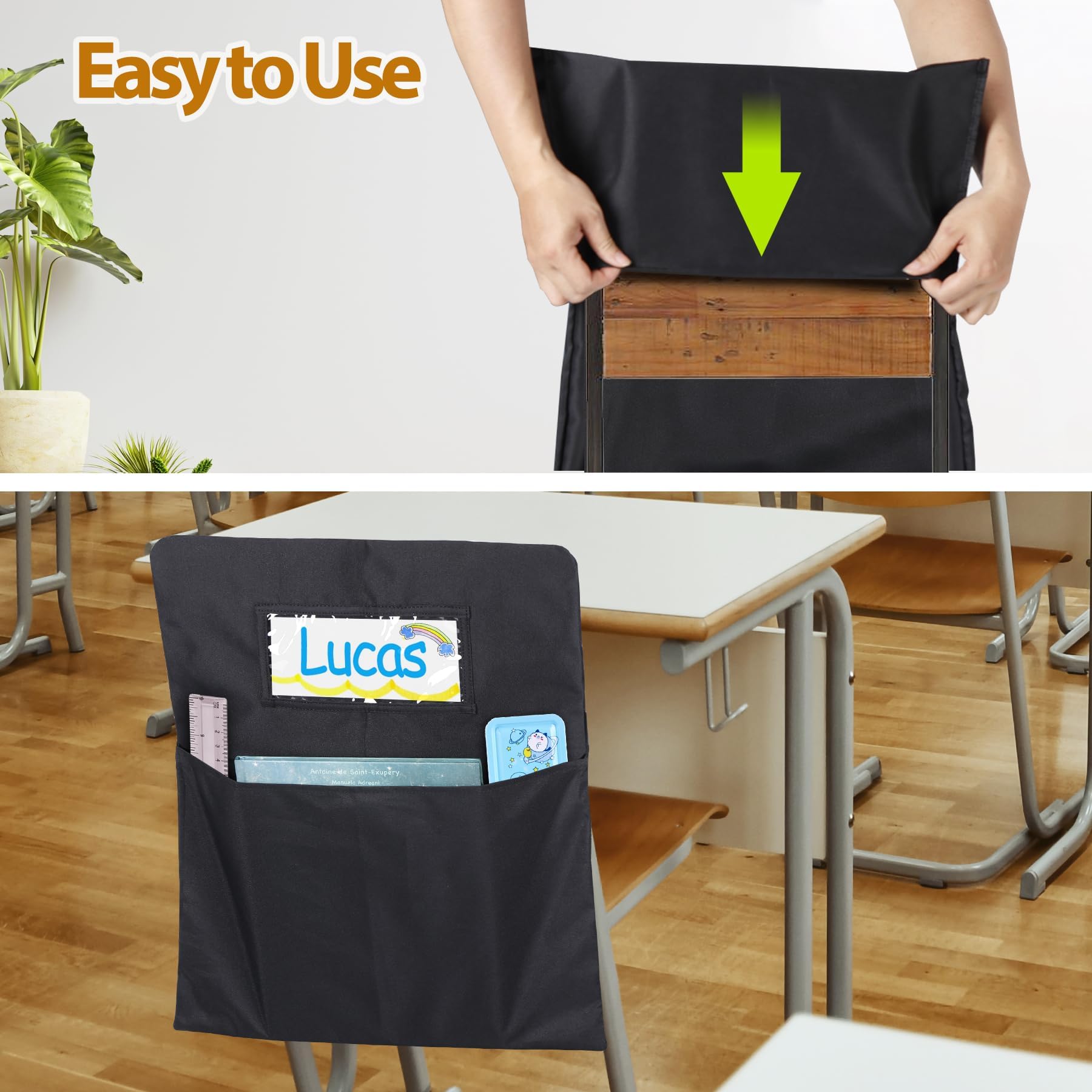 24 Pack Chairback Buddy Pocket Chart - 17x20 Inch Black Classroom Chair Pockets with Name Slot | Back of Chair Organizer for School Supplies, Books & Stationery Storage | Perfect for Teachers & Homeschooling