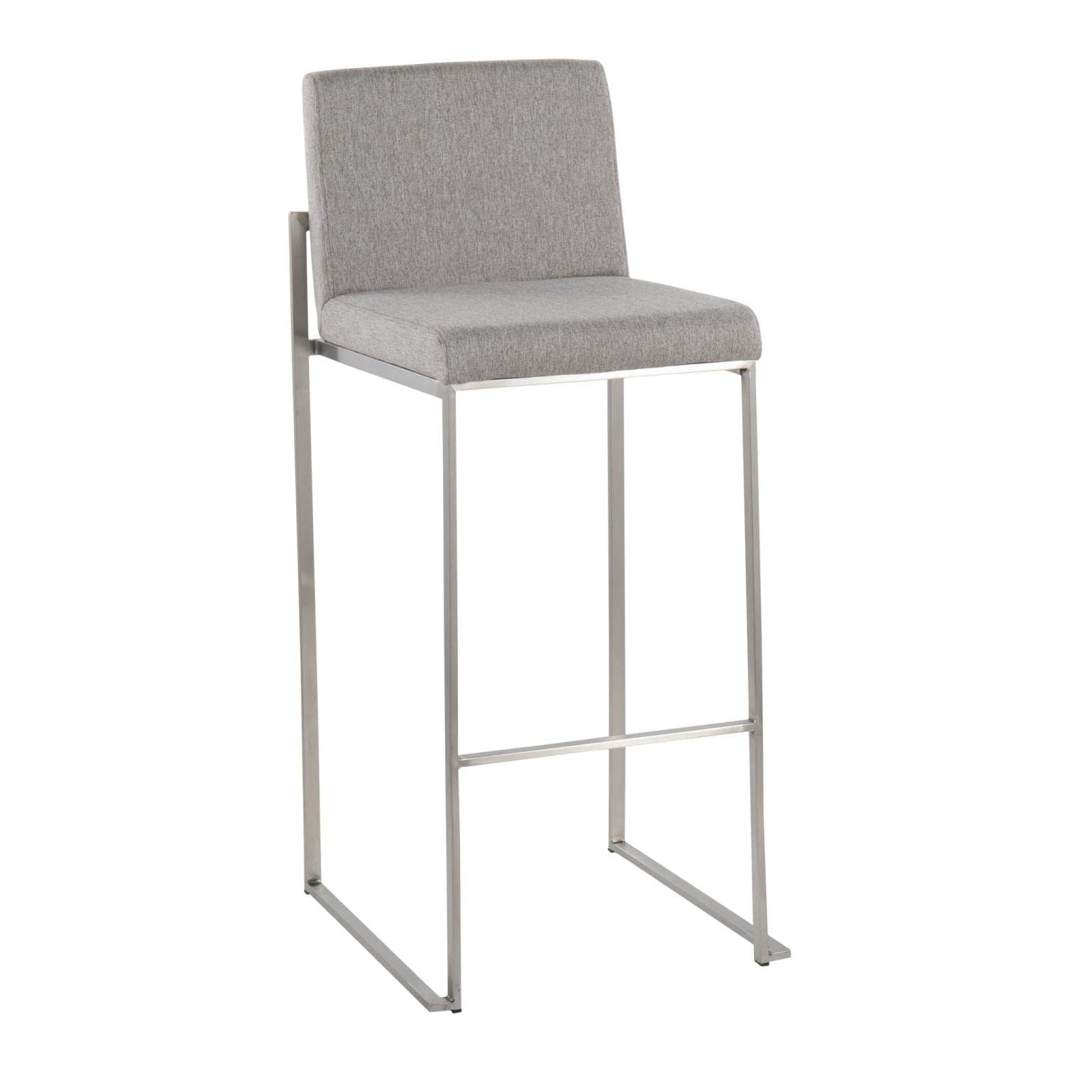 LumiSource Fuji High Back Bar Stool Set of 2 - Grey Fabric Upholstered Counter Height Stools for Kitchen Island, Breakfast Bar & Home Decor