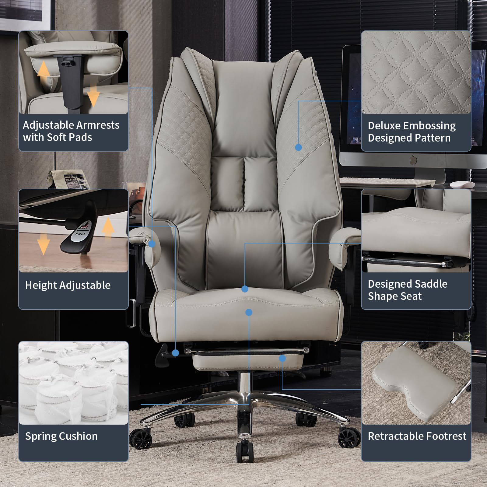 Big and Tall Office Chair 400lbs Capacity - Wide Seat Leather Executive Chair with Adjustable Footrest & Lumbar Support - Ergonomic High Back Desk Chair for Back Pain Relief - Light Grey - Perfect for Home Office, Gaming, and Professional Workspaces