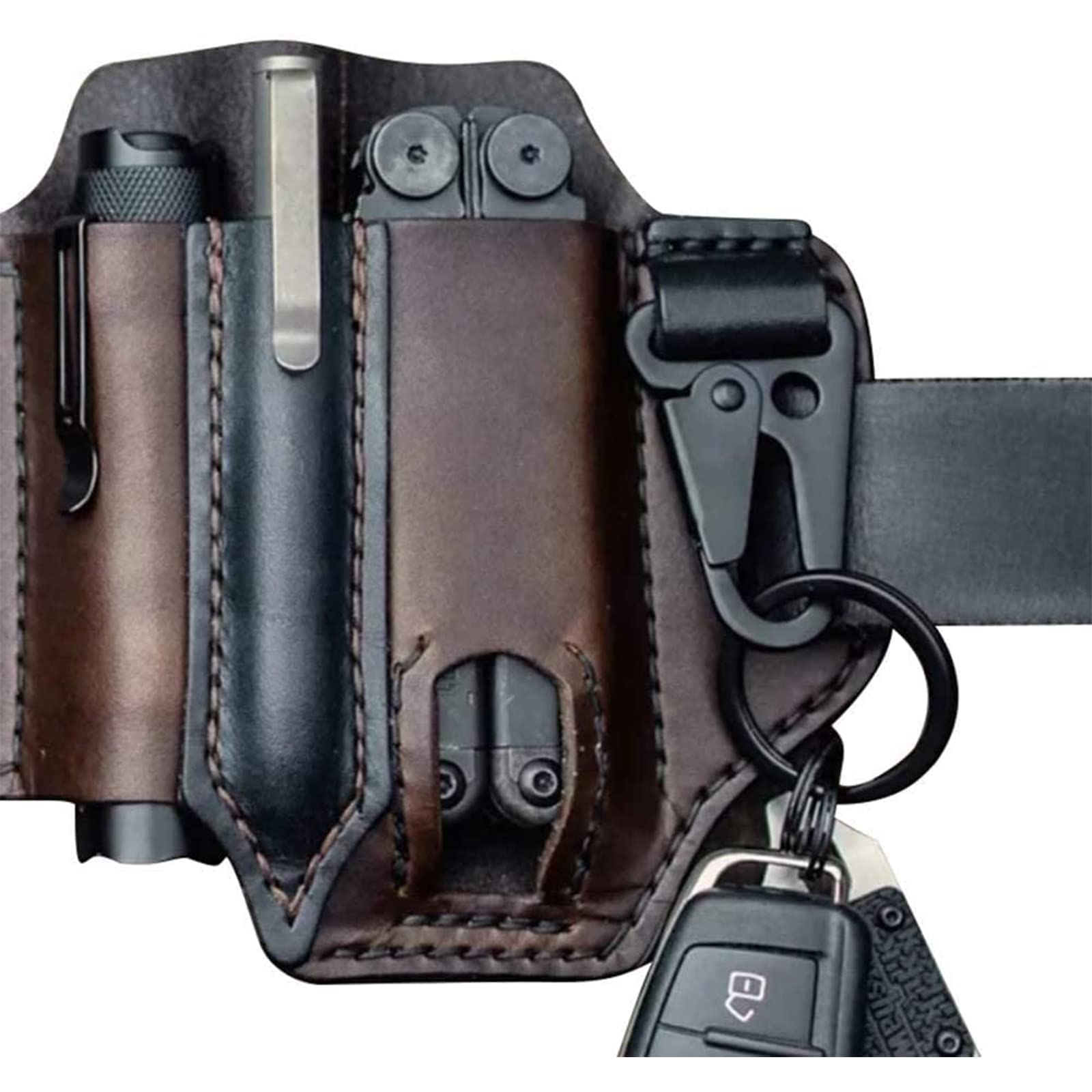 Premium Leather Multitool Sheath for Belt - EDC Pocket Organizer & Camping Waist Bag | Leatherman Sheath with Pen Holder, Key Fob & Flashlight Holster | Perfect for Outdoor Adventures, Hiking & Everyday Carry (EDC)