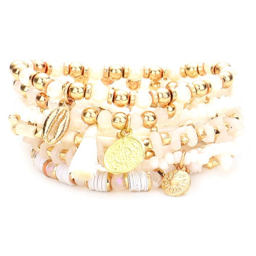10pcs Pearl Multi Bead Puka Shell Coin Disc Tassel Charm Stretch Layered Stackable Bracelets for Women - Boho Beach Party Jewelry Set, Summer Festival Accessories, Layered Wrist Stack Gift