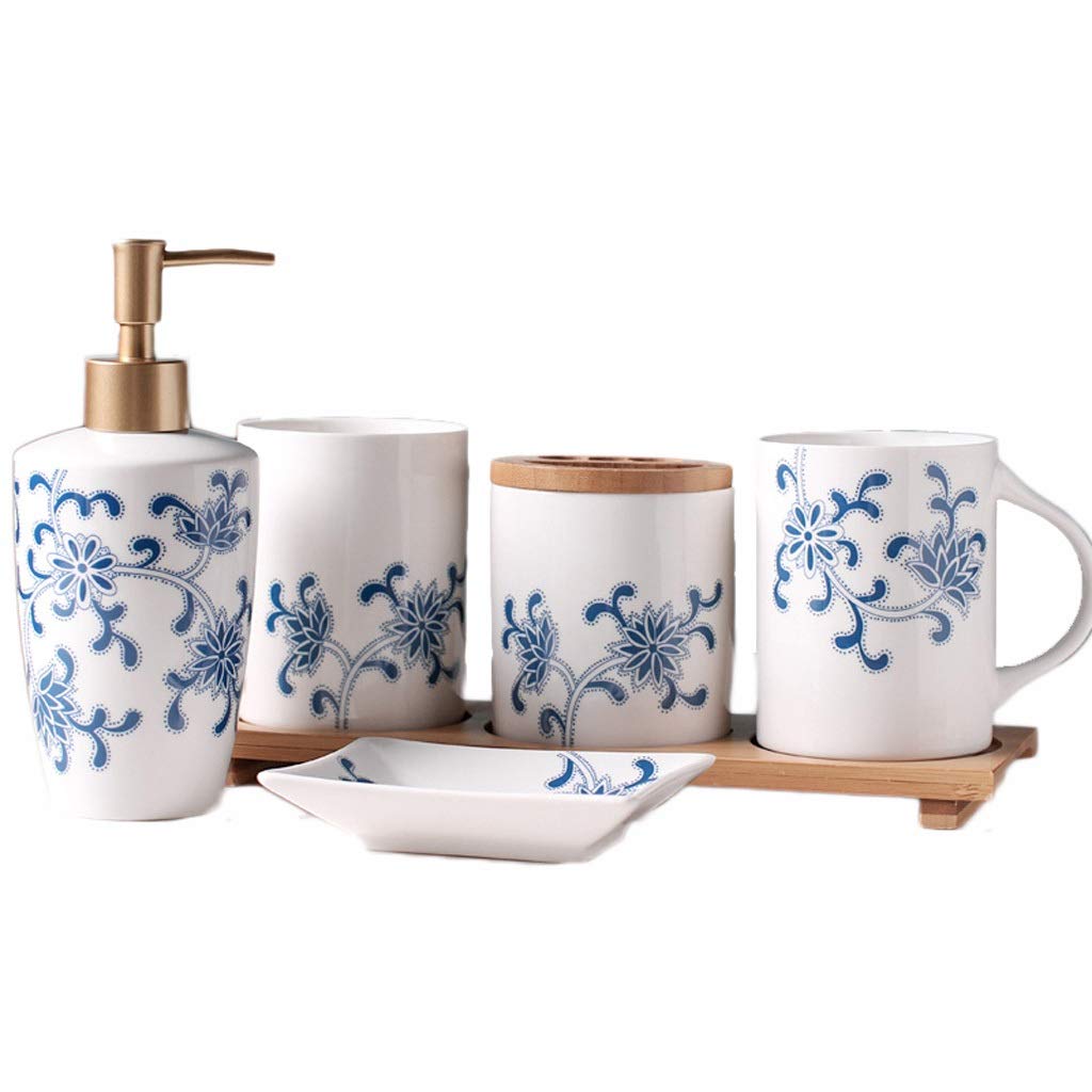 Chinese Style Ceramic Bathroom Accessories Set - Toothbrush Holder, Cup with Handle, Soap Dispenser, Dish & Bamboo Tray | Countertop Organizer for Bathroom Decor & Home Organization | Perfect for Spa, Guest Bath & Modern Vanity Setup