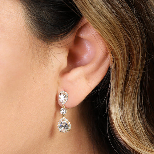 14K Solid Yellow Gold Vintage CZ Dangle Earrings - Elegant Drop Earrings for Women, Perfect for Parties, Weddings & Special Occasions