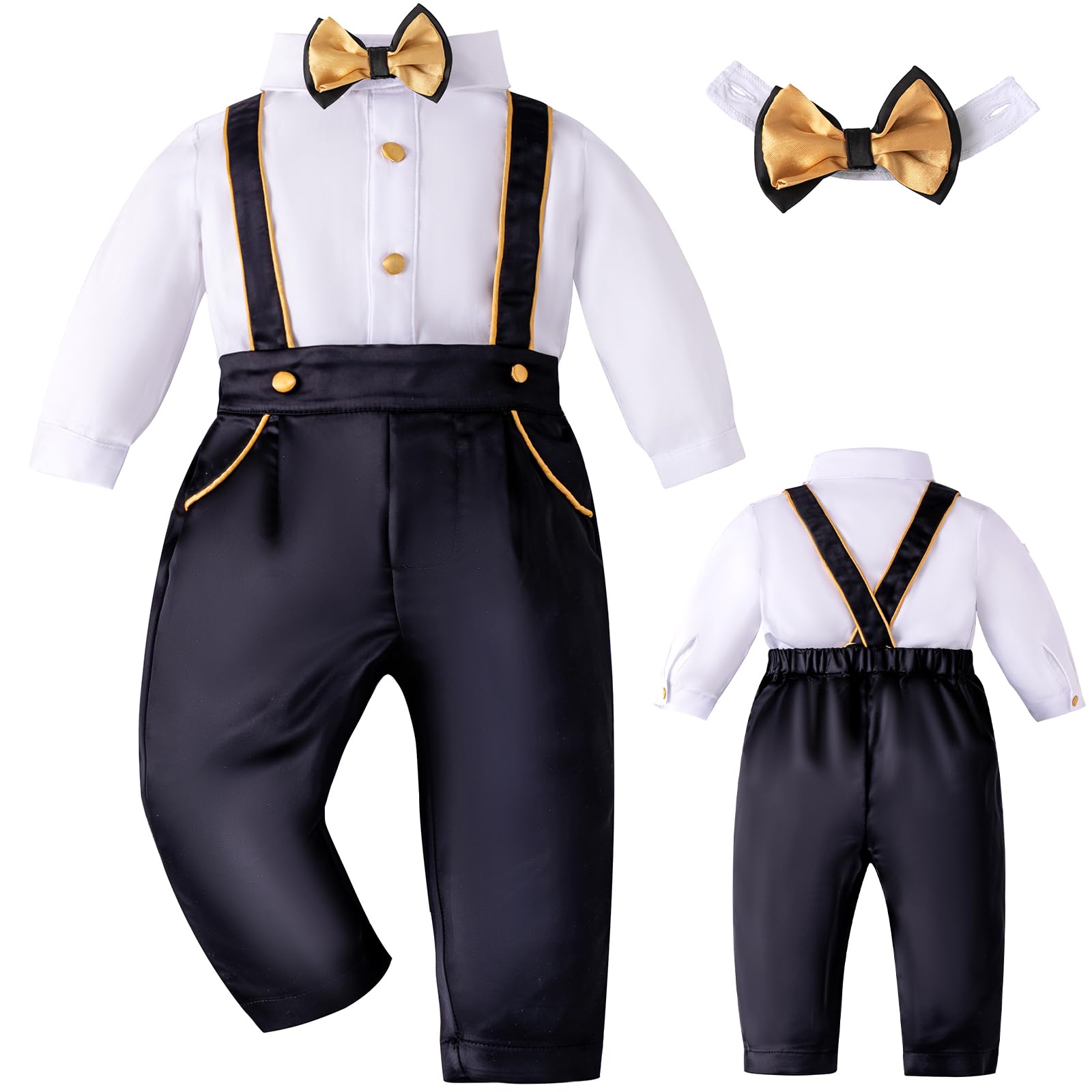 Booulfi Baby Boy Formal Suits with Bowtie & Suspenders – Toddler Gentleman Outfit for Boys 3 Months to 3T | Perfect for Weddings, Parties & Special Occasions
