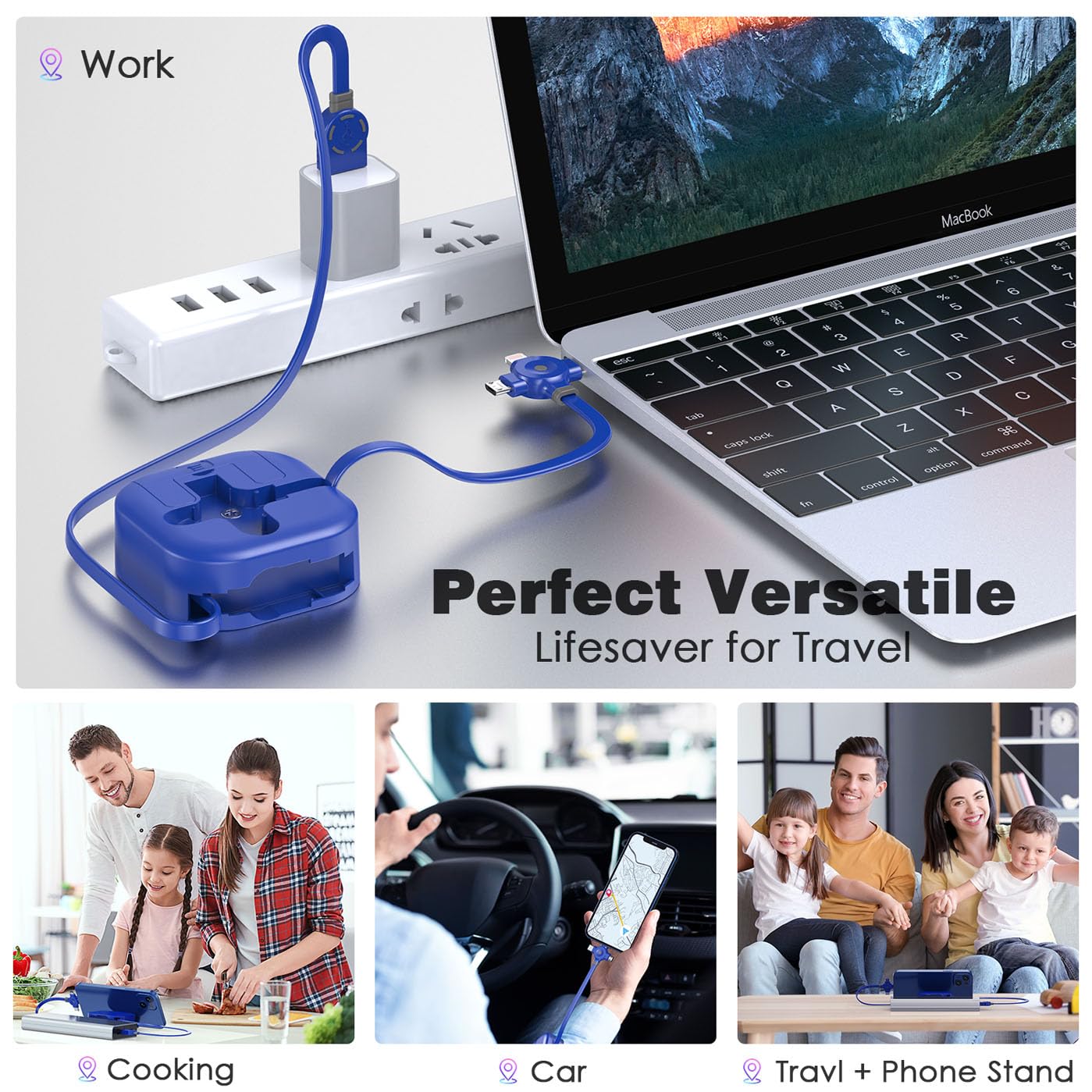 ASICEN 3-in-1 Retractable Charging Cable [1.2m] - Fast Charging USB Cable with Lightning/Type C/Micro USB for iPhone 15, Samsung Galaxy, Huawei, PS5, Tablets & Pixel - Perfect for Travel, Office & Home Use