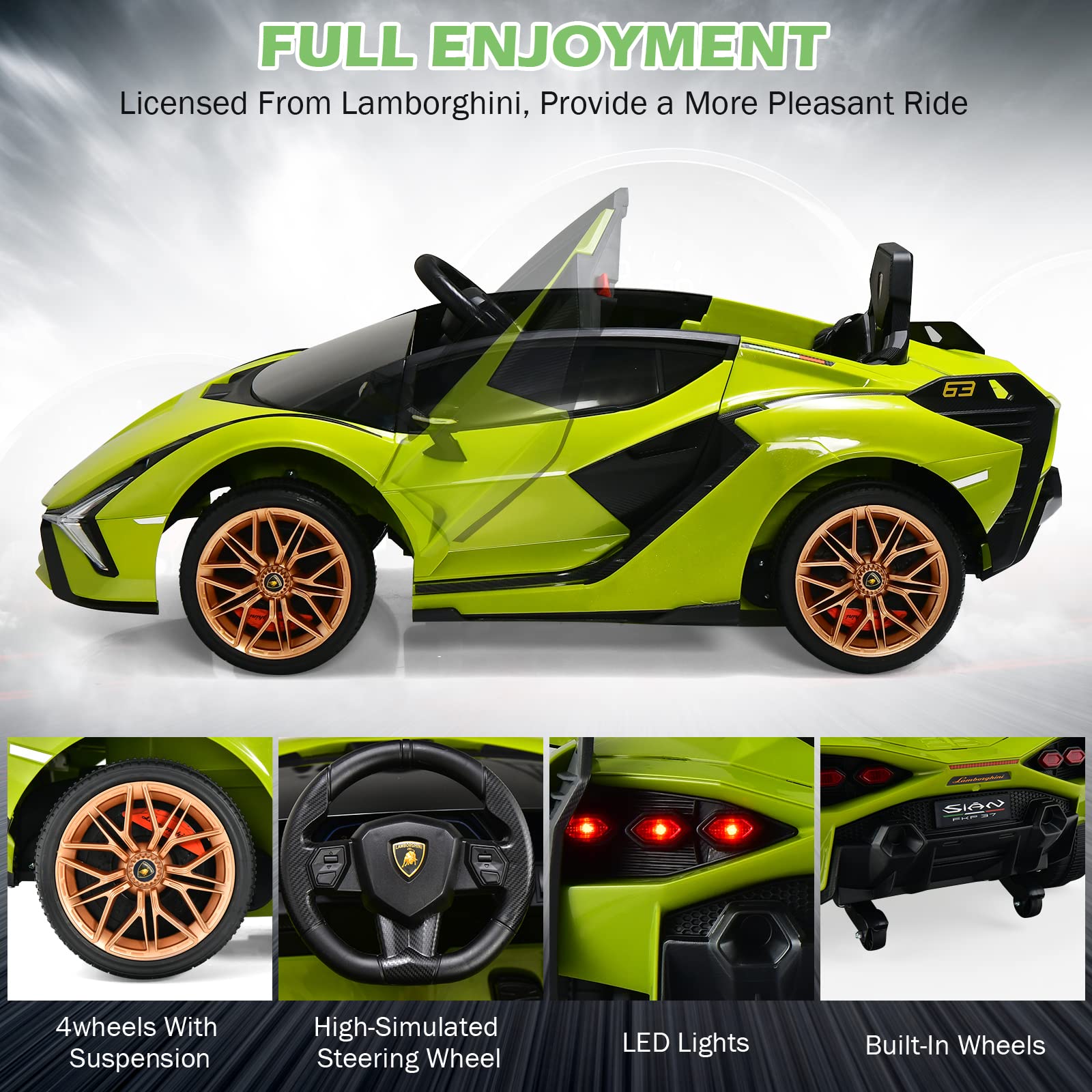INFANS 12V Licensed Lamborghini Sian Kids Electric Ride-On Car with Parent Remote Control - Spring Suspension, MP3 Player & Carbon Fiber Texture - Green Toddler Toy Roadster for Indoor/Outdoor Play & Birthday Gifts