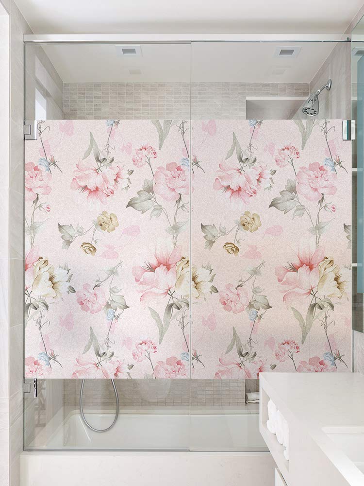 Pink Flower Window Privacy Film - No Glue Static Cling Window Cover for Bathroom, Sliding Doors & Home Décor - 15.7