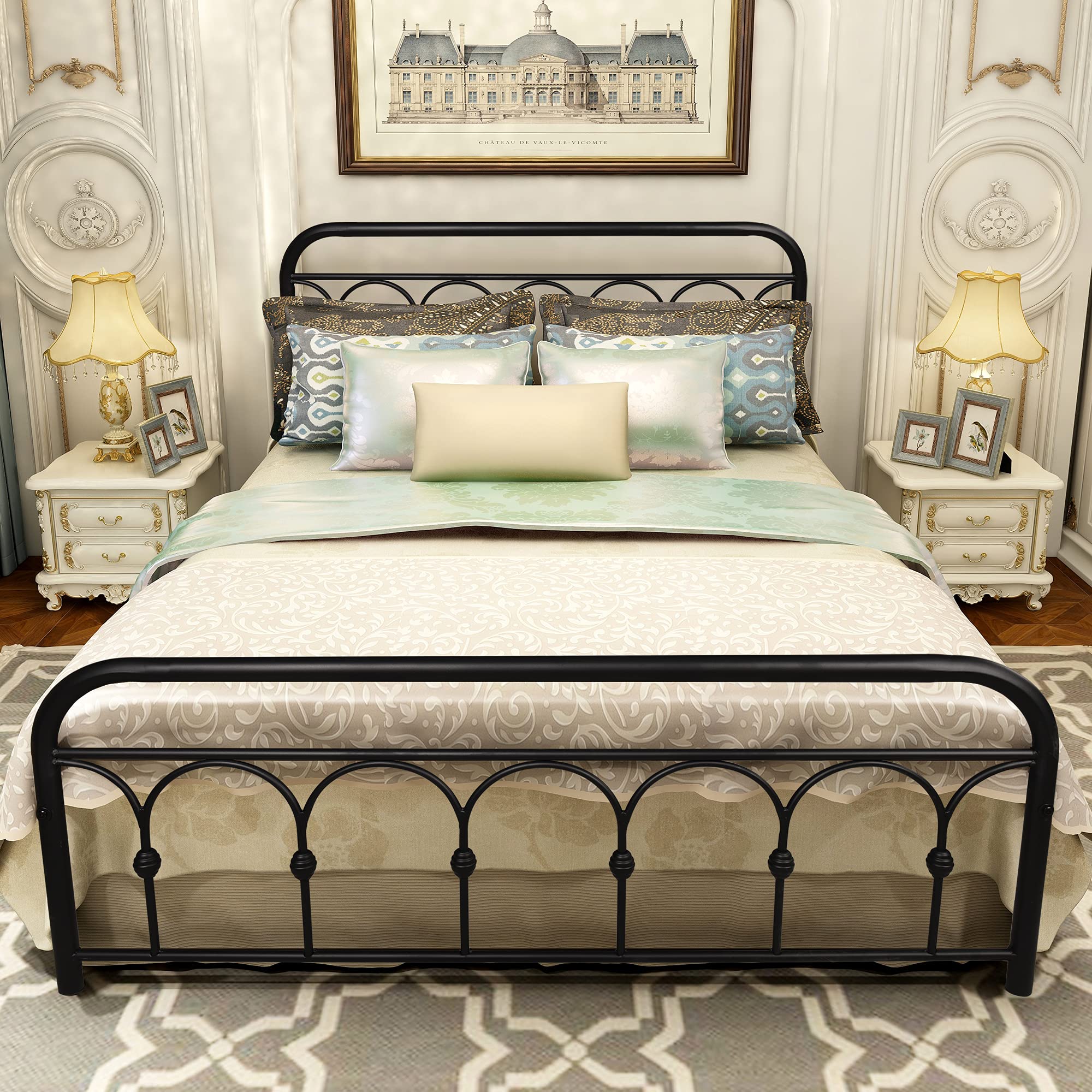 DUMEE Queen Size Metal Bed Frame with Headboard & Footboard - Wrought Iron Platform Bed, No Box Spring Needed - 12