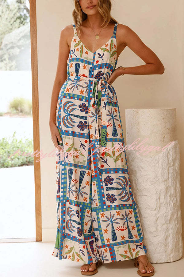 Stylish Beach Vacation Print V-Neck Suspenders Wide Leg Jumpsuit - Perfect for Summer Outings, Vacations & Casual Wear