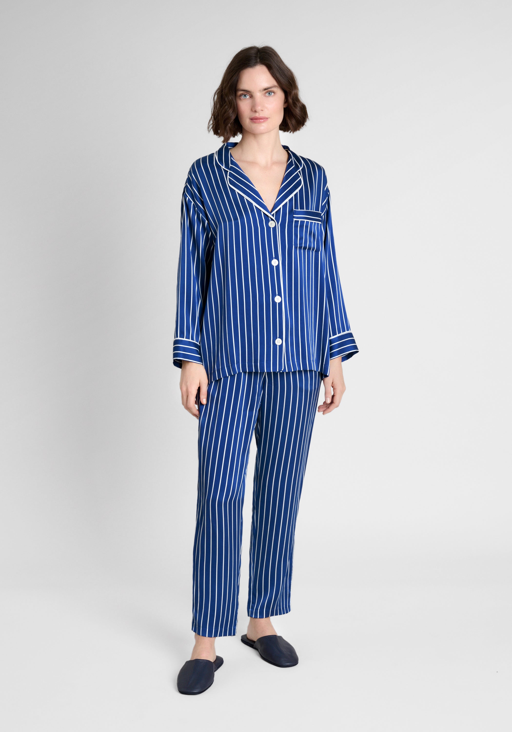 Washable Silk Marina Pajama Set - Blue & White Tie Stripe Women's Sleepwear - Soft Comfortable Loungewear for Home, Travel & Relaxation