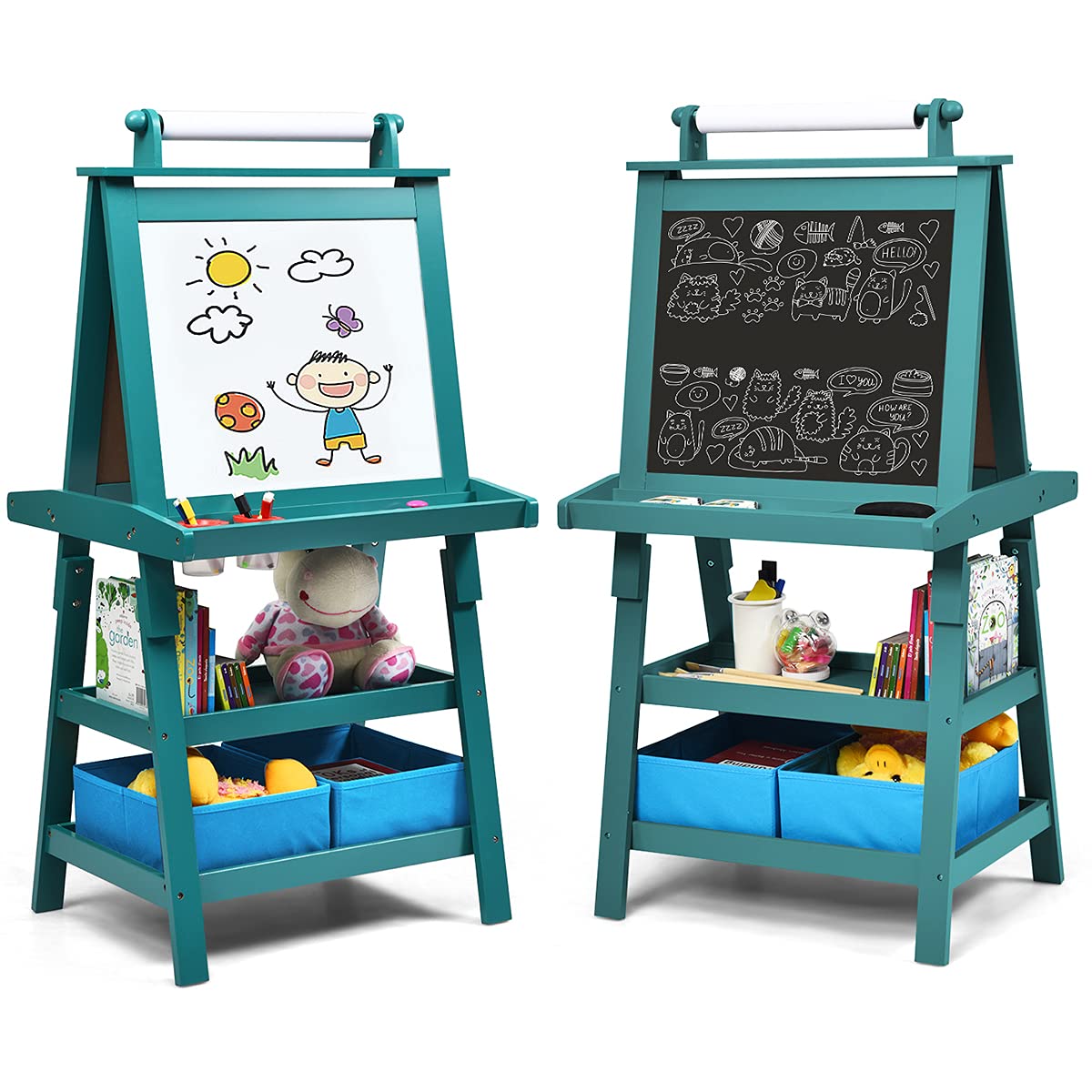 Costzon 3-in-1 Kids Art Easel with Whiteboard, Chalkboard & Paper Roll - Double-Sided Storage Easel for Toddlers with 2-Tier Rack, 2 Storage Boxes & Large Capacity Tool Tray (Blue) | Perfect for Home, Classroom & Preschool Creative Activities