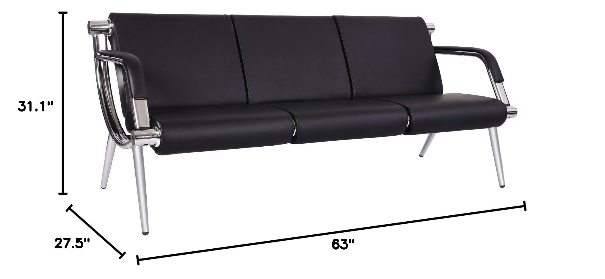 Premium Black Leather 3-Seat Waiting Room Sofa - Office Reception Chairs for Lobby, Clinic, Airport & Commercial Spaces - Durable Guest Seating for Hospitals, Schools, Barber Shops & Business Waiting Areas
